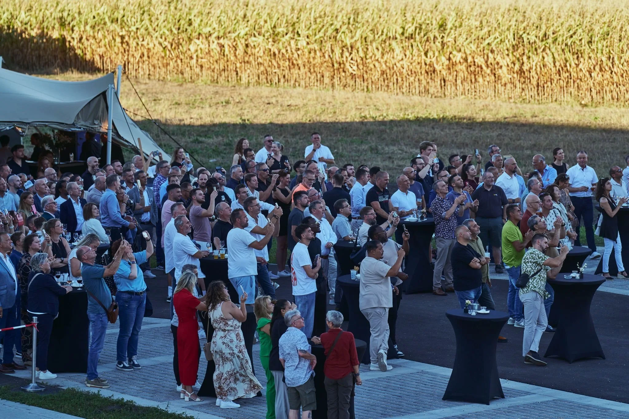 Invités des 80 ans de DIXI Polytool levant les yeux vers le spectacle de highline à Gampelen