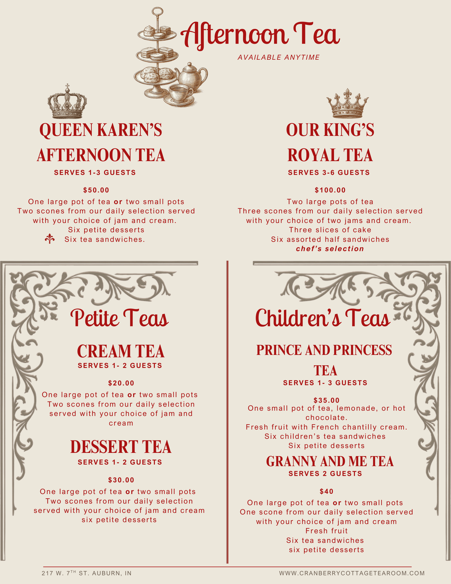 Afternoon Tea Menu — Cranberry Cottage Tea Room The Cranberry Cottage ...