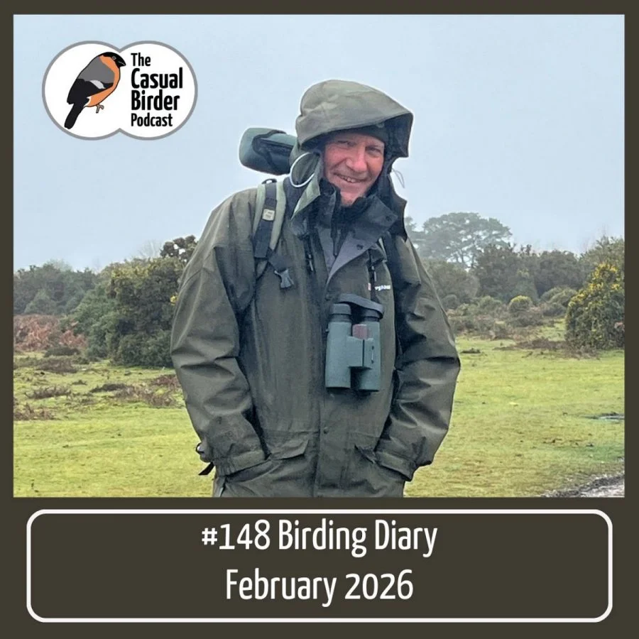 Square image to illustrate the podcast episode. A photo shows an older white man wearing a green cagoule with a hood covering his head. He has binoculars around his neck and he is hunching his shoulders against the rain.