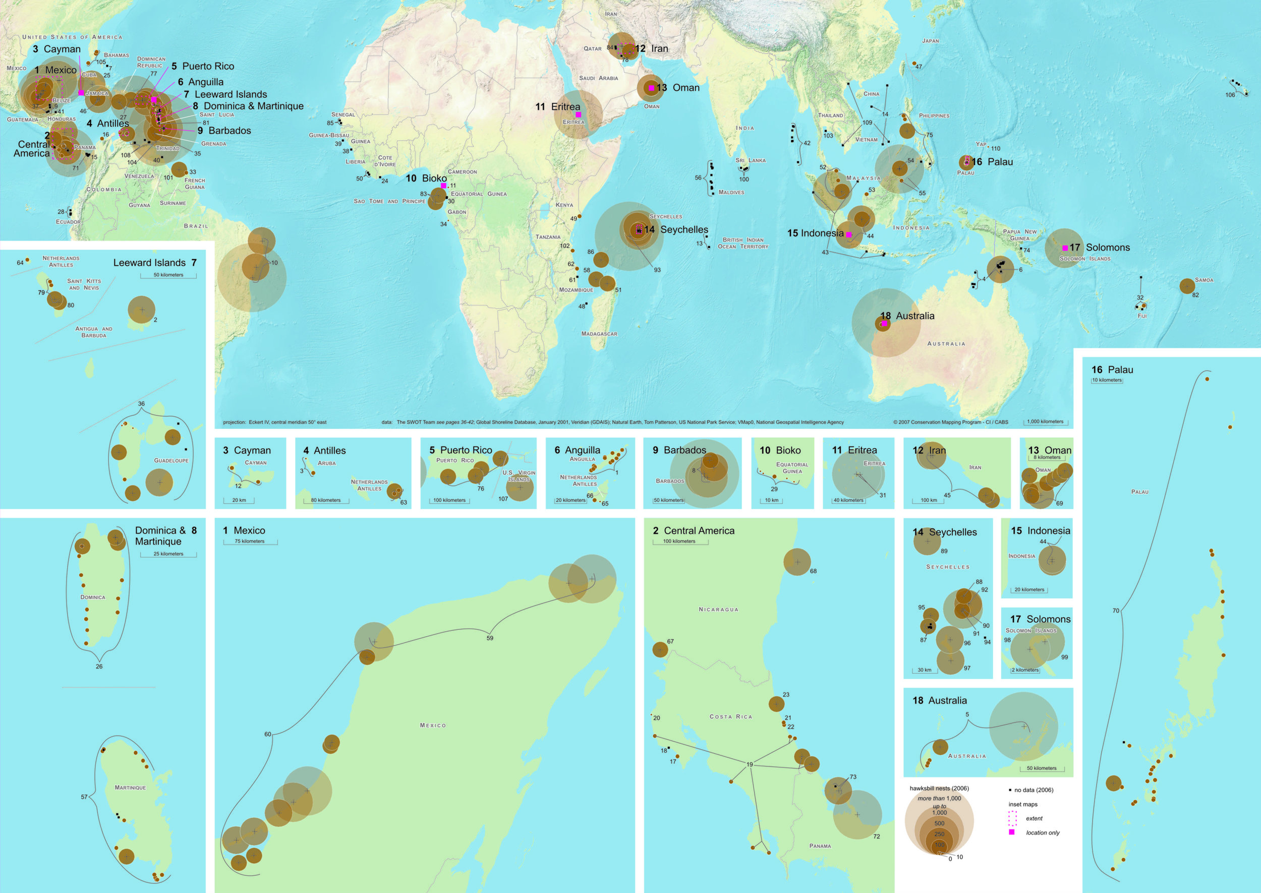 Worldwide Hawksbill Nesting Sites, 2006 ( data citations ) | SWOT Report , vol. III (2008) .