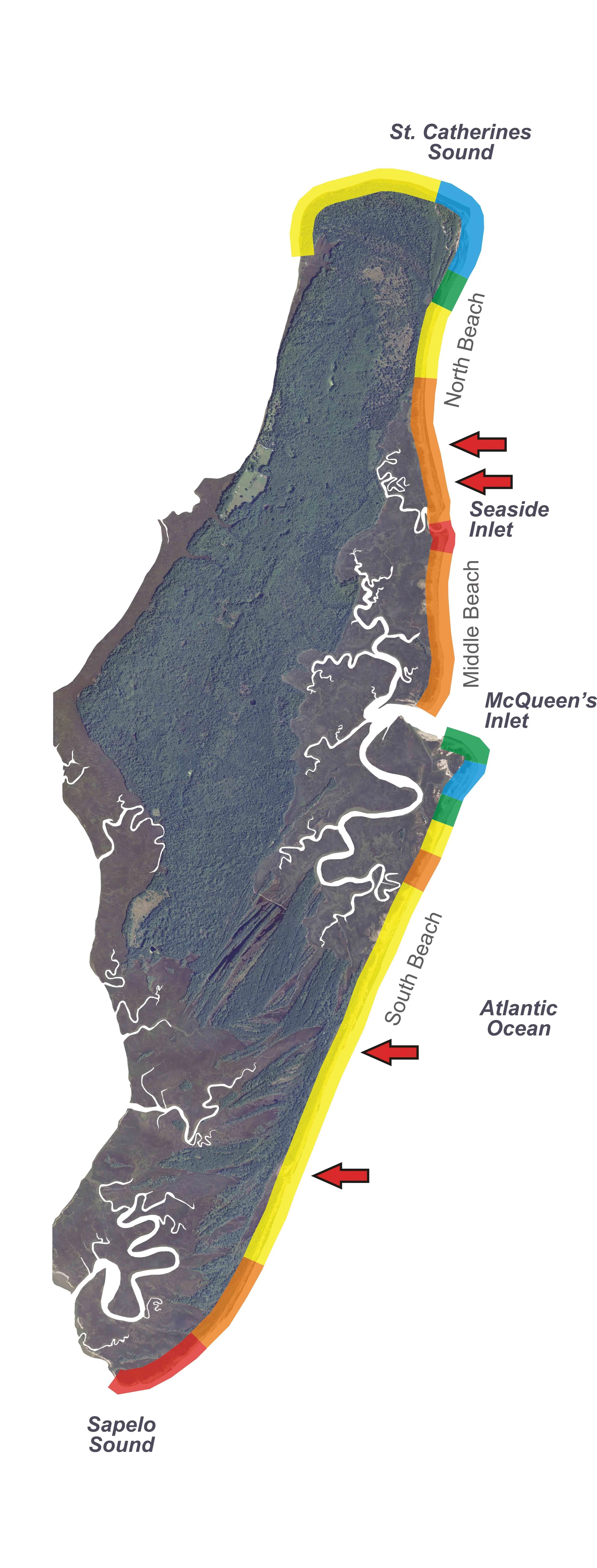A satellite image of St. Catherines Island with areas of erosion and accretion labeled in color, and arrows indicating locations of newly formed inlets. © SCISTP, 2014