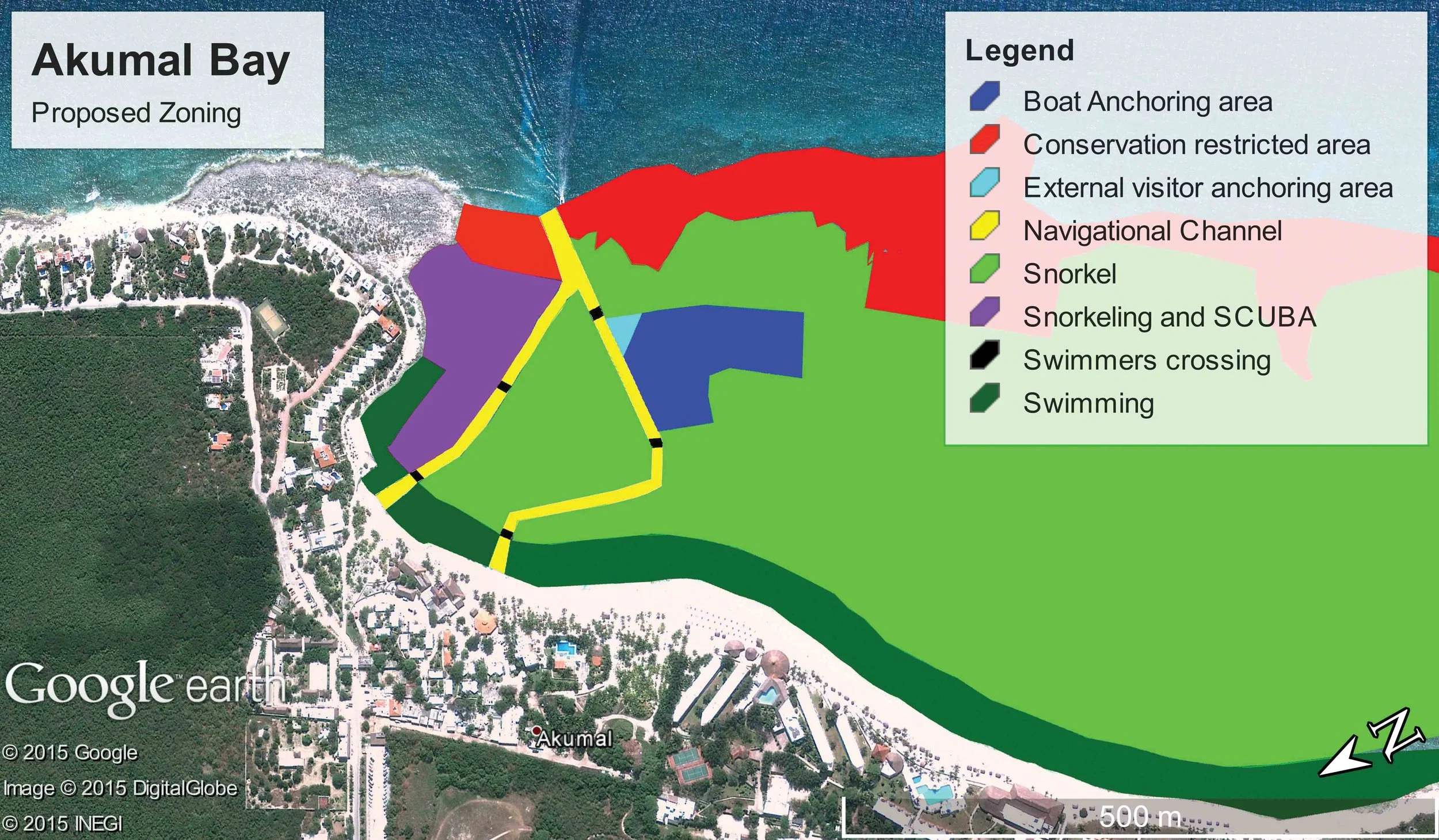 A map of the proposed zoning for Akumal Bay that aims to mitigate tourism’s impact on turtles. © AKUMAL DIVE SHOP