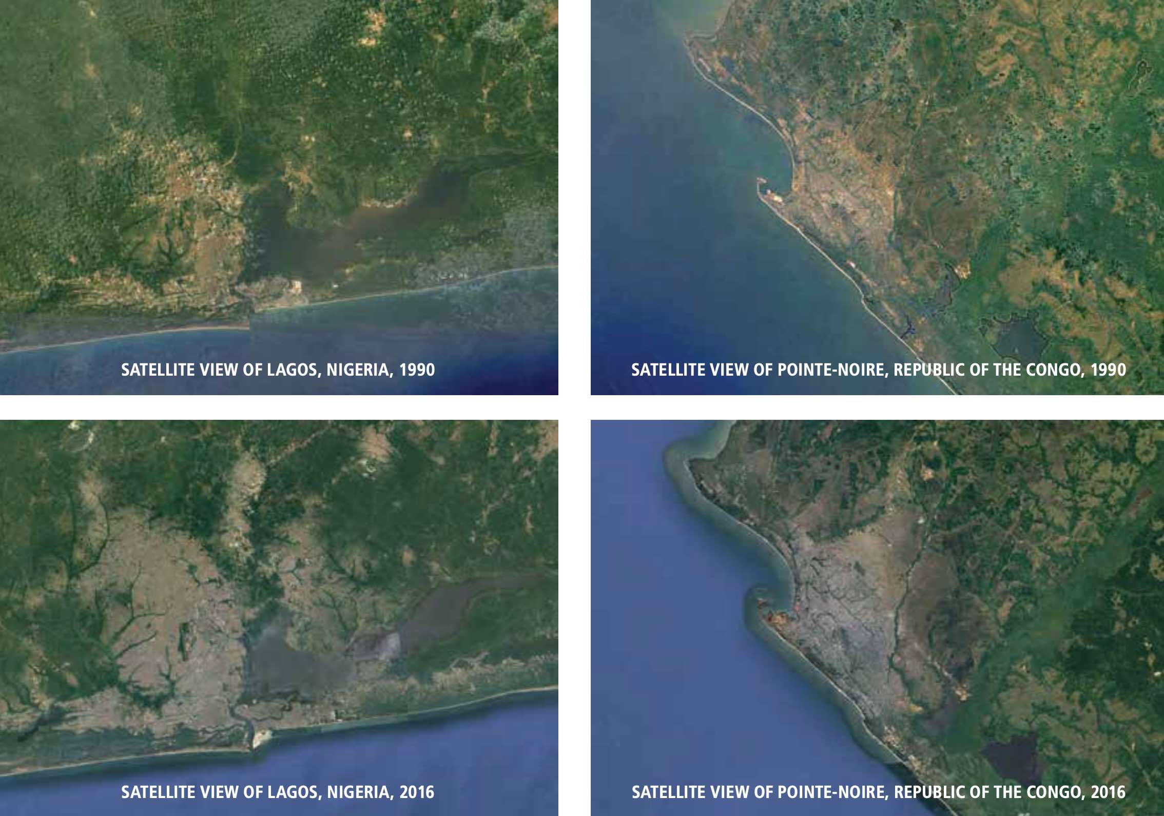 Satellite images show the dramatic growth of the coastal cities of Lagos, Nigeria, and Pointe-Noire, Republic of the Congo, over the past 26 years. The expansion of urban development along West-Central Africa’s coast also brings increases in light pollution, vessel traffic, ocean pollution, and other changes that impact turtle habitats. MAP DATA: GOOGLE, IMAGE LANDSET / COPERNICUS, DATA SIO, NOAA, U.S. NAVY, NGA GEBCO, US DEPT OF STATE GEOGRAPHER
