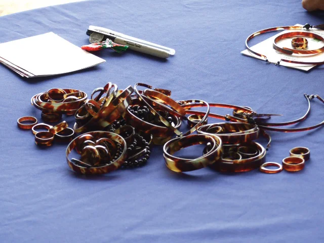 In November 2007 Didiher Chacón of WIDECAST led an investigation and confiscation of illegal tortoiseshell items sold by vendors in Puntarenas, Costa Rica. Among the items confiscated were these pieces of jewelry. © WIDECAST