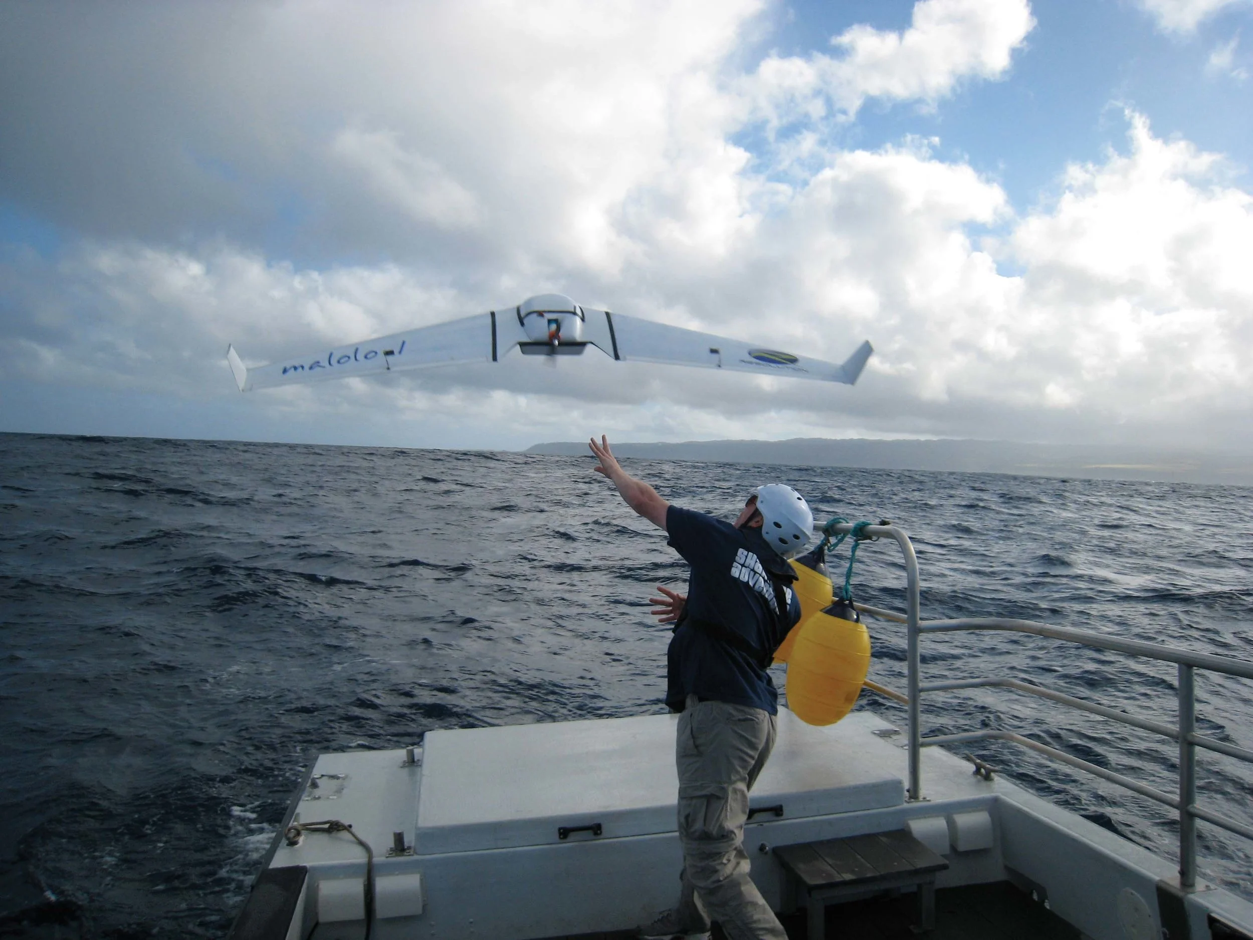 A prototype for an Unmanned Aircraft System, meant to aid in the detection of marine debris in the open ocean, is tested aboard a National Oceanic and Atmospheric Administration vessel. © NOAA