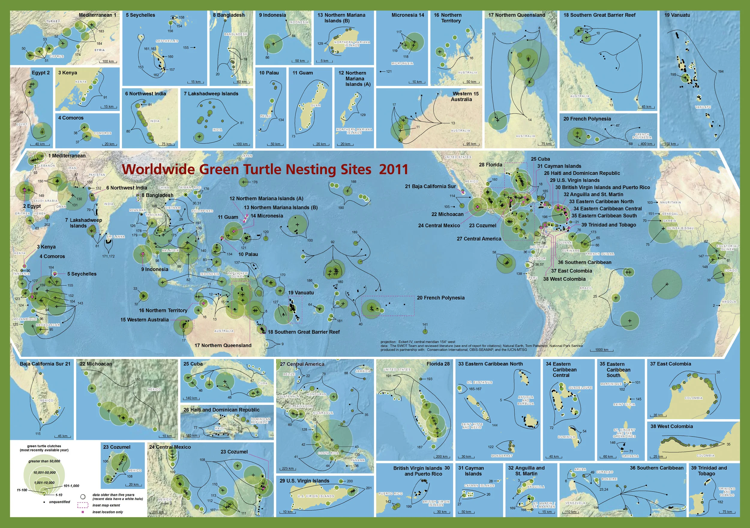 Worldwide Green Turtle Nesting Sites ( data citations ) | SWOT Report , vol. VI (2011) .
