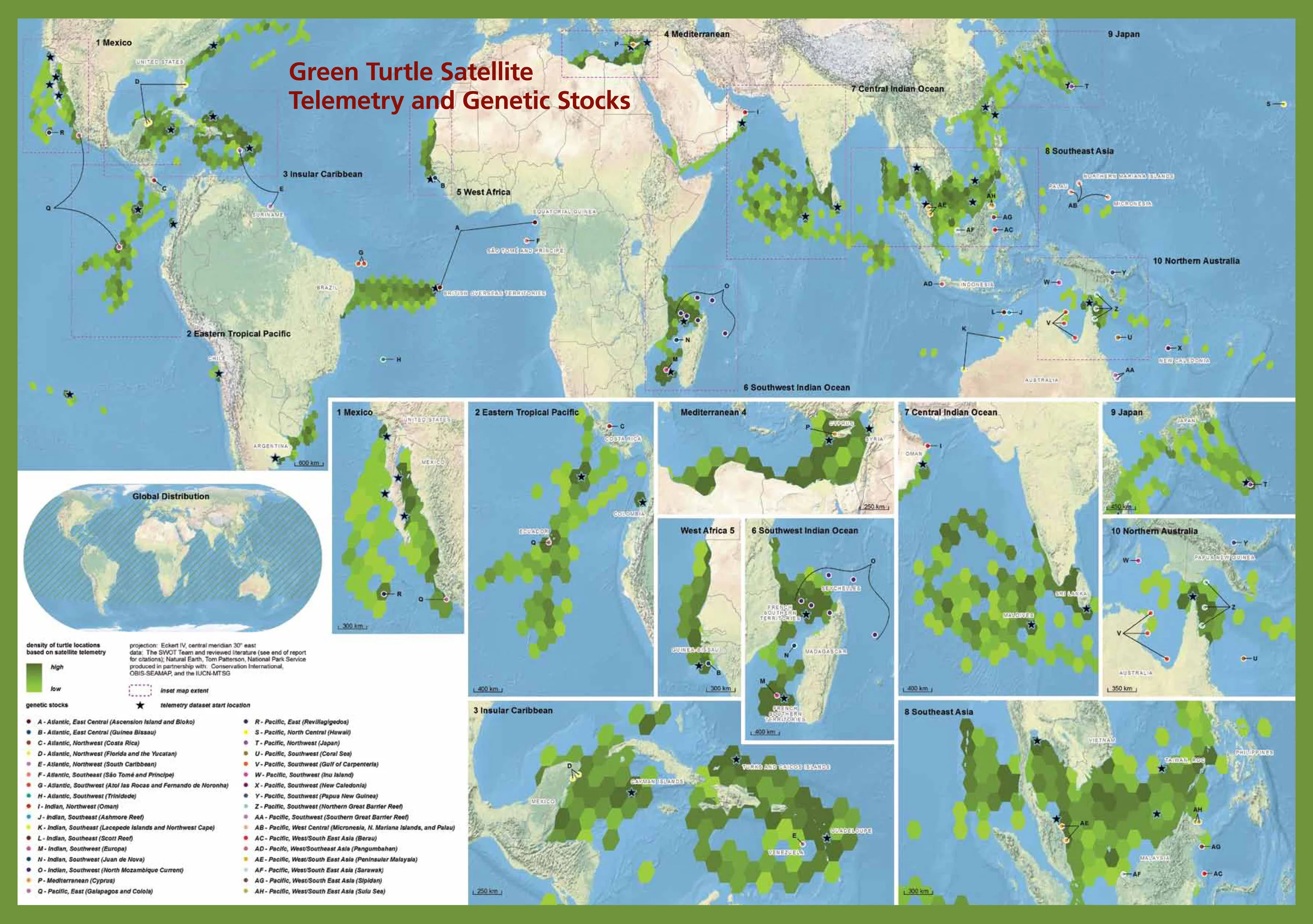 Green Turtle Satellite Telemetry and Genetic Stocks ( data citations ) | SWOT Report , vol. VI (2011) .