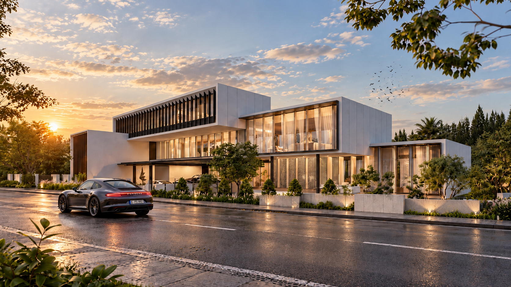 Golden-Hour Modern Mansion and Porsche.png