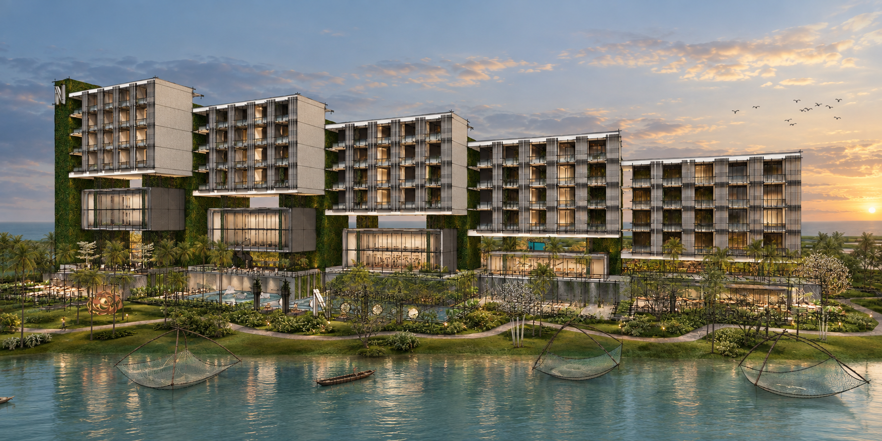 Waterfront Eco-Modern Resort at Sunset.png