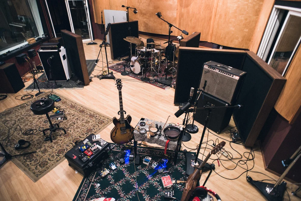 Fred Frith Trio recording Closer to the Ground with Scott Evans, Oakland, CA, January 2018, photo by: Scott Evans