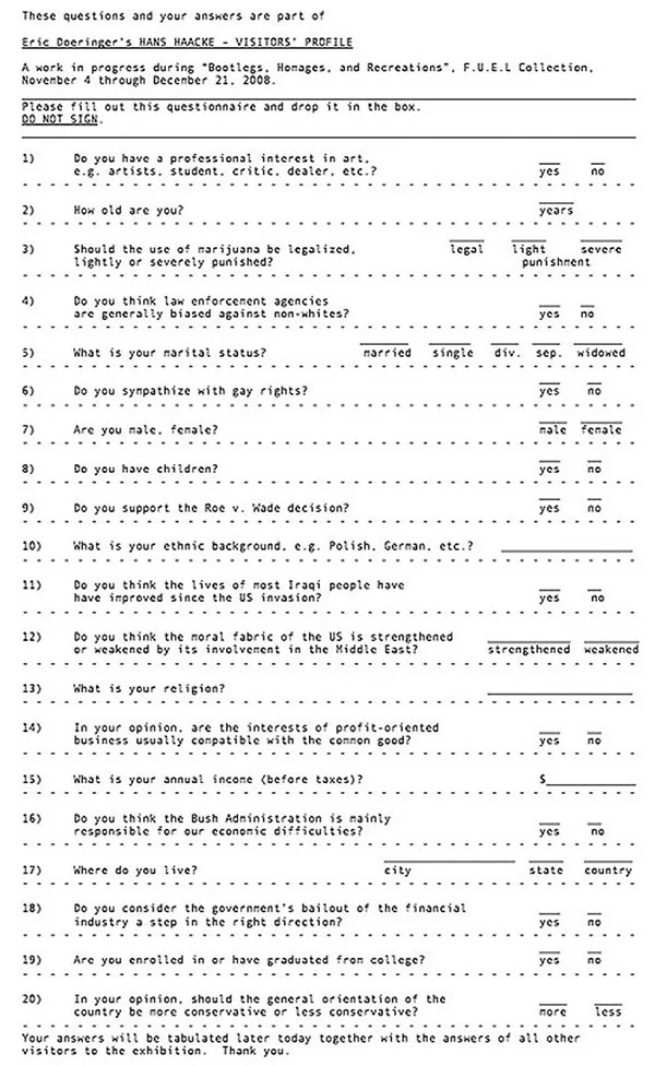 Hans Haacke, "Visitors' Profile/Ziyaretçi Proflili", 1971.