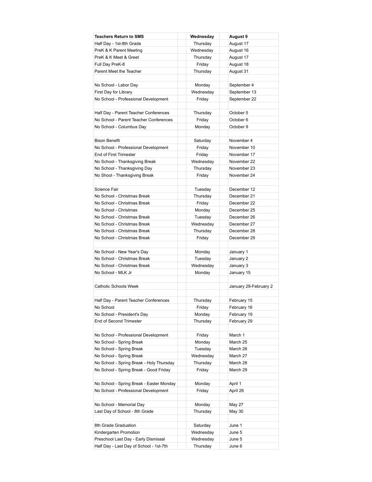 2023/2024 School Calendar — Saint Mary School