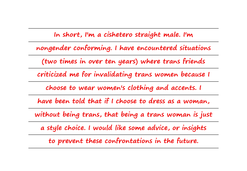 I'm Nongender Conforming And Have Encountered Situations Where Trans Friends Criticized Me For Wearing Women's Clothing. 