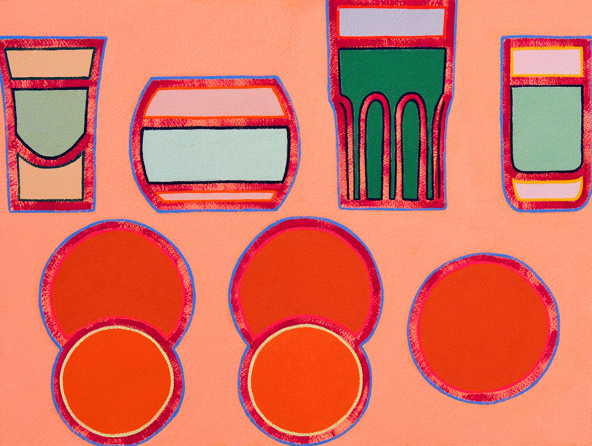 Green Drinks and Oranges 16 x 20” gouache on Arches watercolor paper 2018