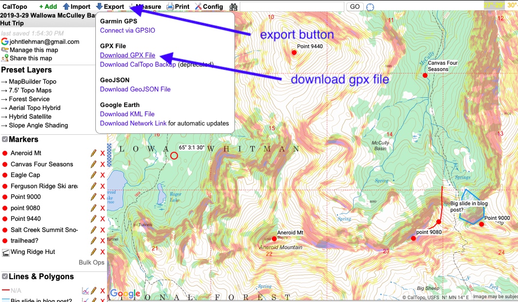 exporting a GPX file from Caltopo