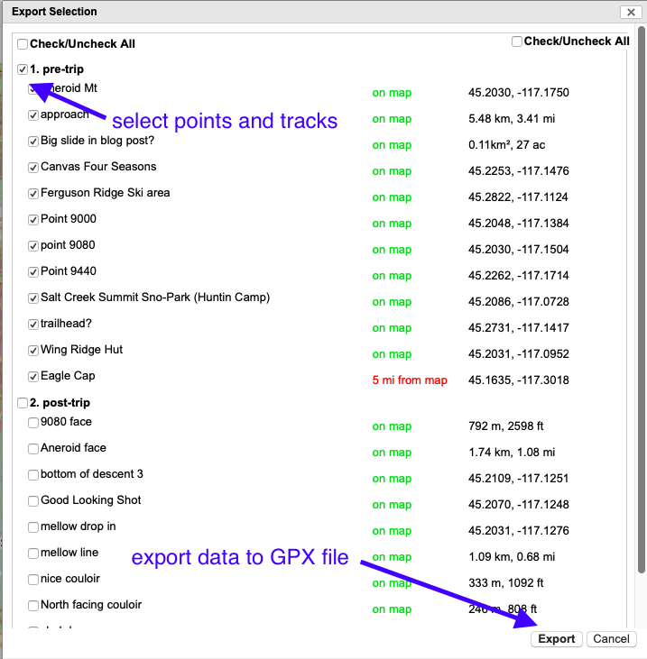 Selecting waypoint and track information for export in Caltopo