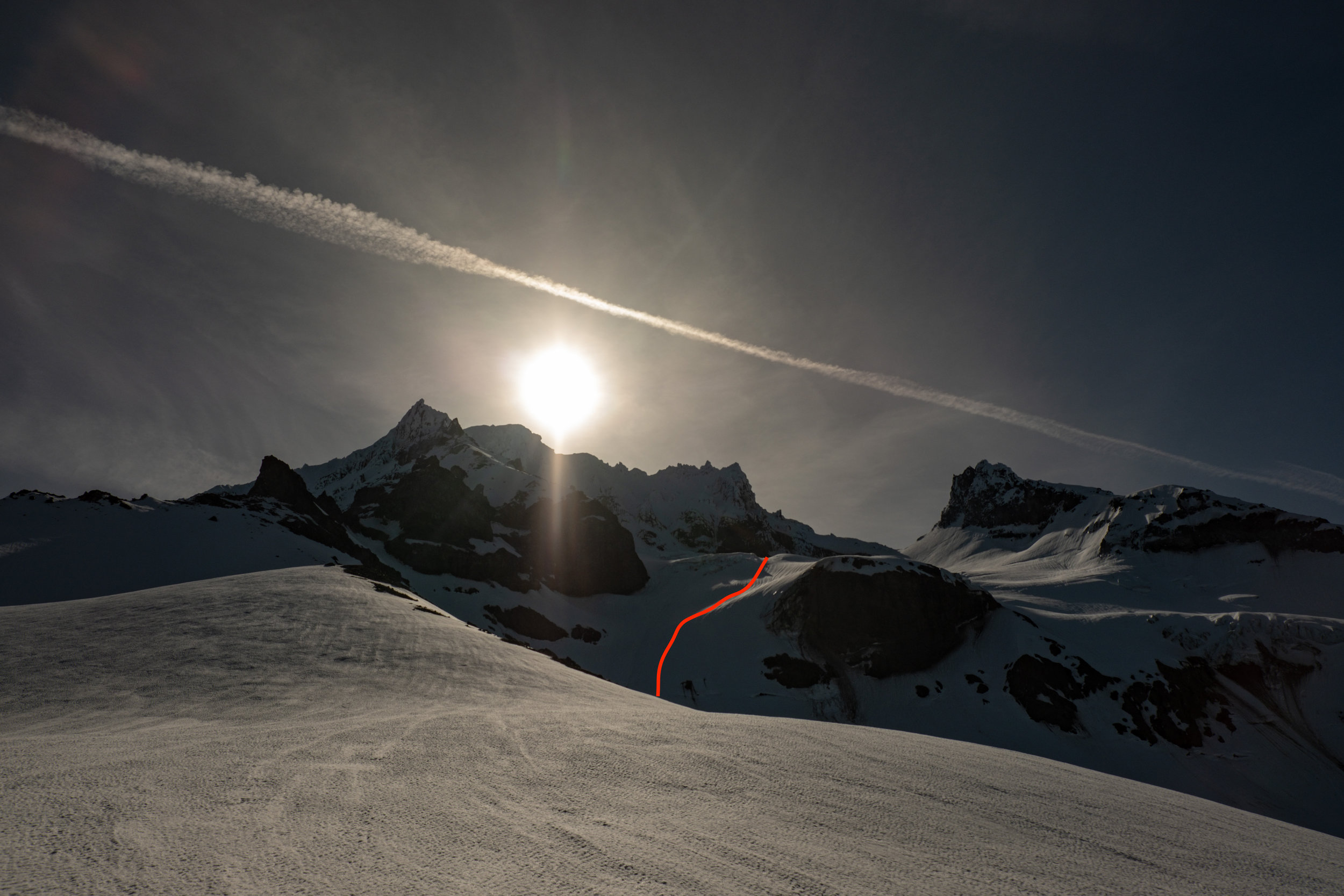 looking back at the Reid Glacier from Yokum Ridge, line show approximate descent of lower glacier