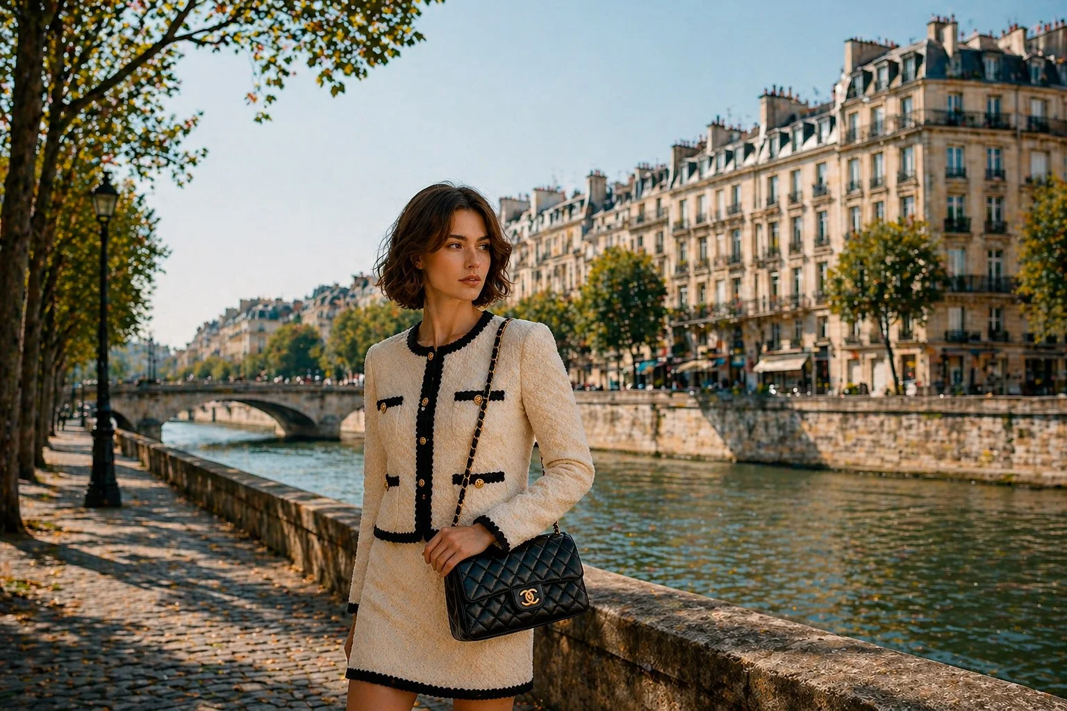 Young woman in Chanel inspired cream tweed outfit standing by the Seine in Paris wearing a black Chanel Classic Flap handbag with gold chain strap