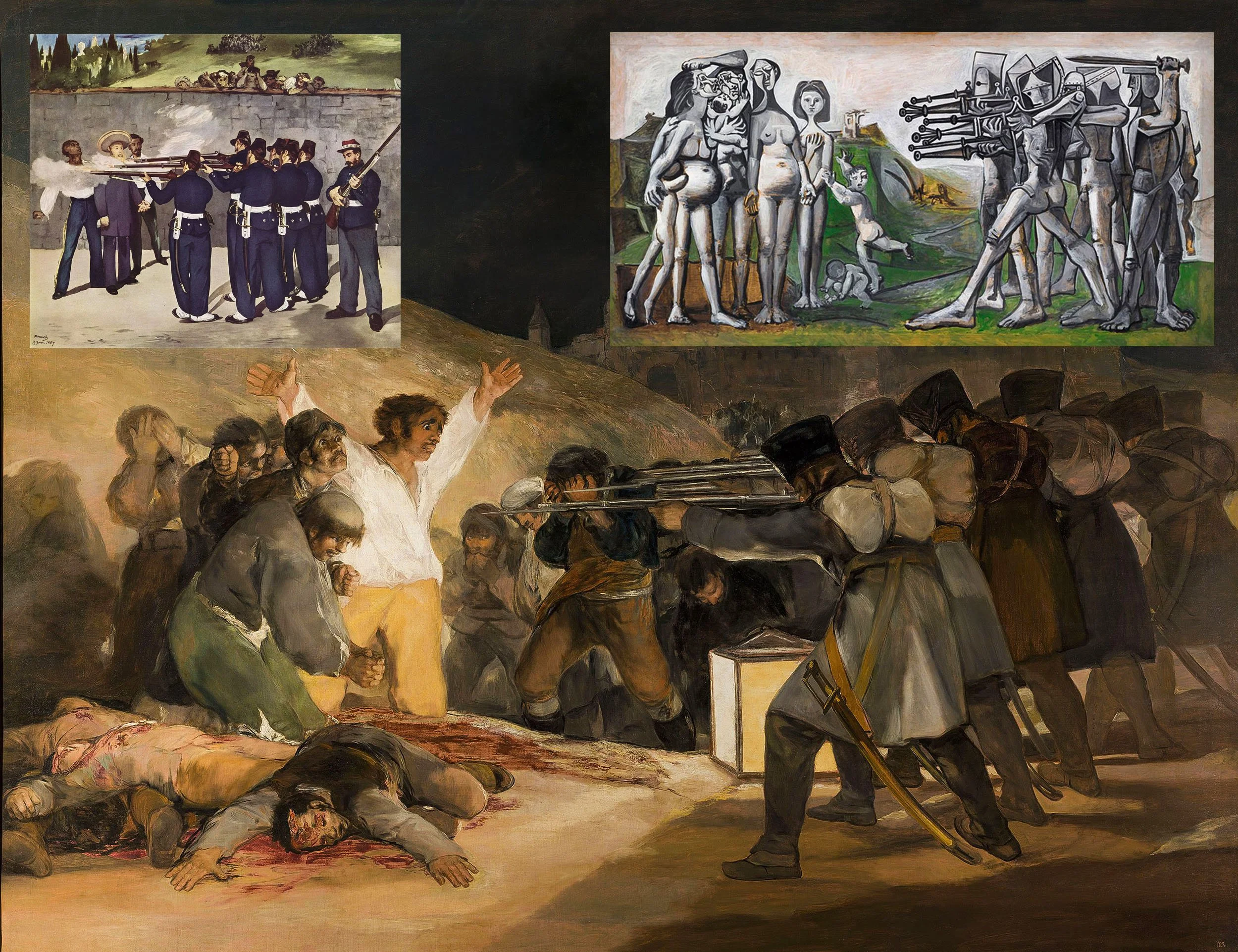 Composite image showing Goya’s The Third of May 1808, Manet’s Execution of Emperor Maximilian, and Picasso’s Massacre in Korea, illustrating a shared firing squad composition and the evolution of visual grammar in depictions of state violence.