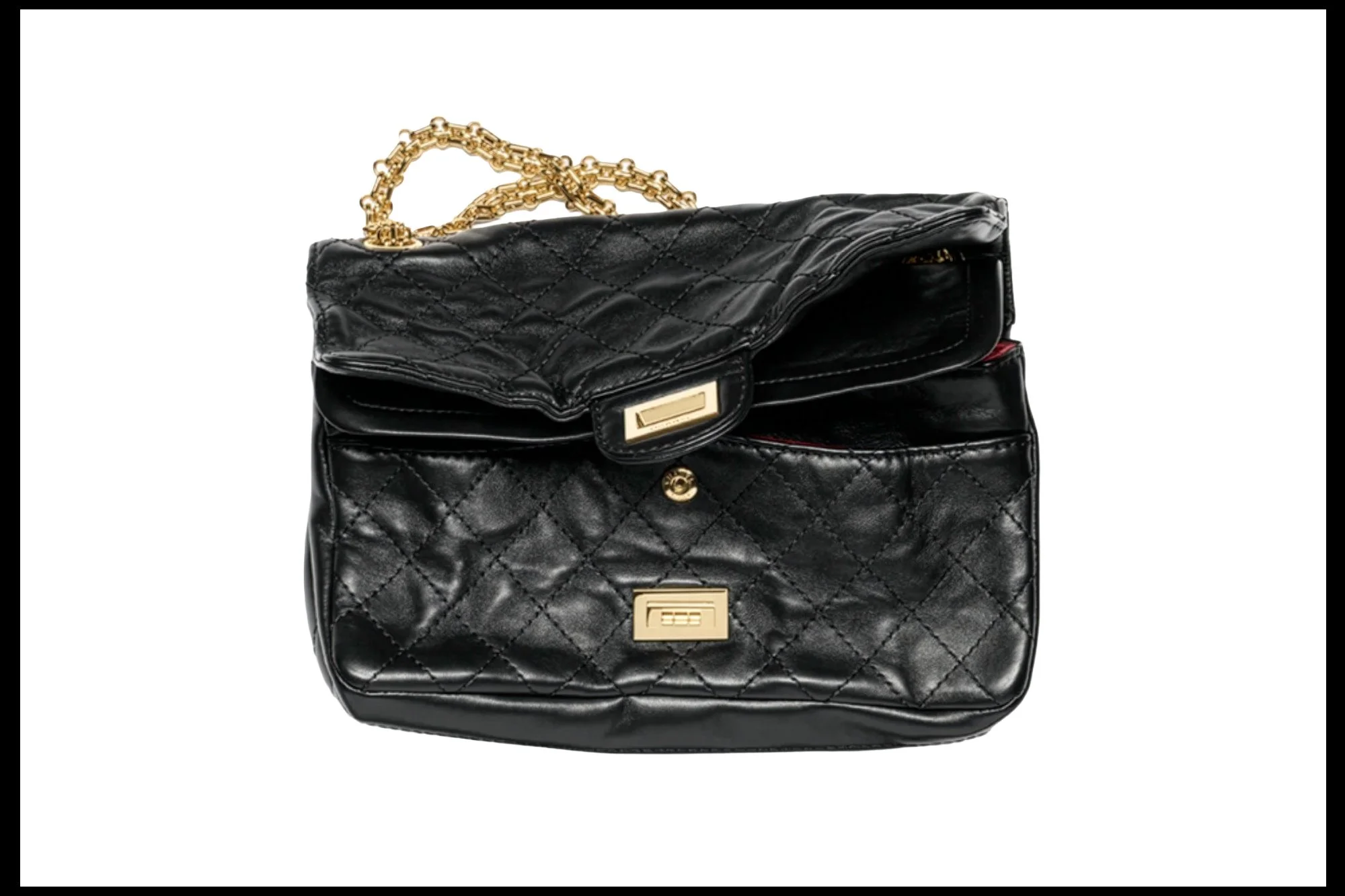 Chanel 2.55 Reissue double flap bag in black aged calfskin with gold chain and Mademoiselle lock, front view open