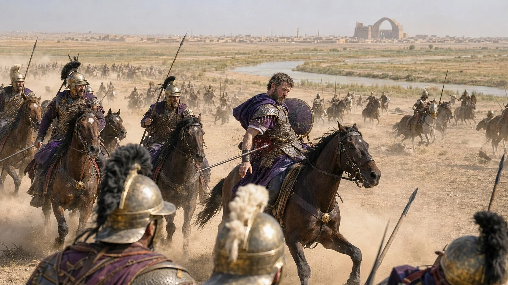 AI-generated historical visualisation of Emperor Julian the Apostate being mortally wounded by a spear during the Roman retreat from Ctesiphon near Samarra in AD 363, surrounded by mounted Roman guards on a dusty Mesopotamian battlefield.