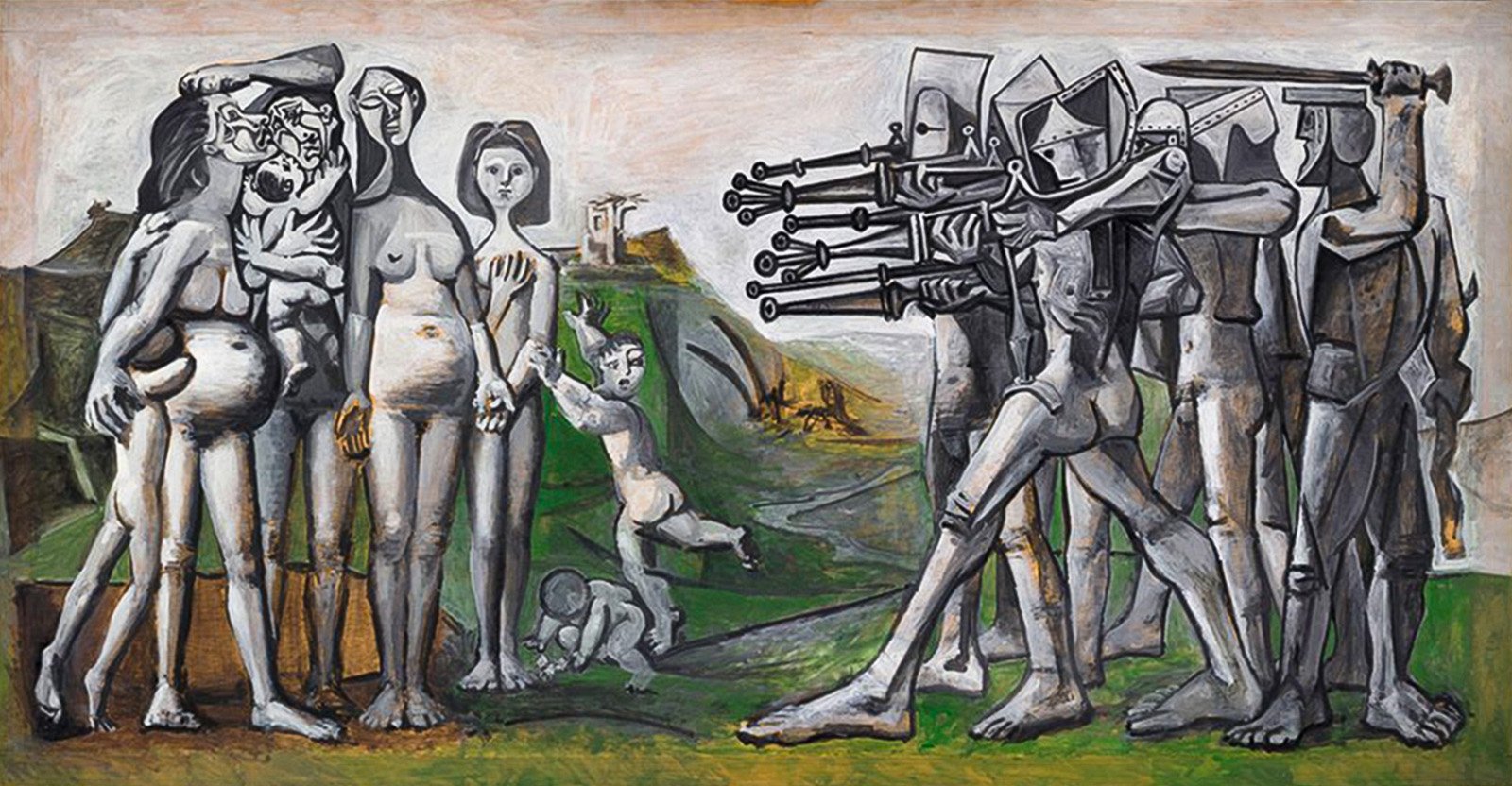 Pablo Picasso’s Massacre in Korea showing women and children facing a firing squad of armoured, robot-like soldiers in a stark allegorical scene.