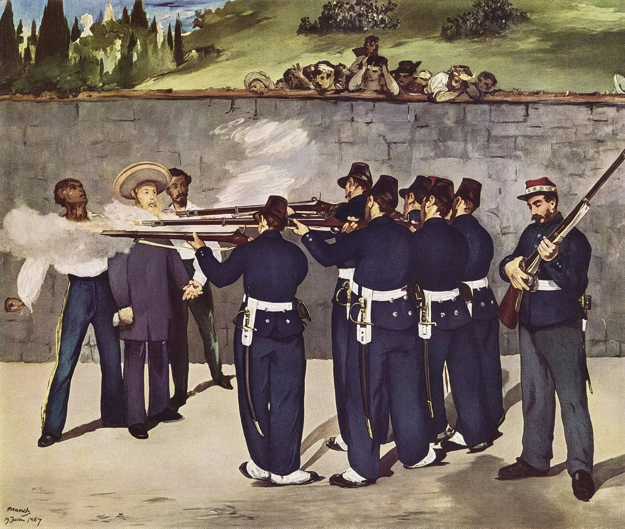 Édouard Manet’s The Execution of Emperor Maximilian showing a firing squad executing the Mexican emperor and his companions in a stark, modern composition.