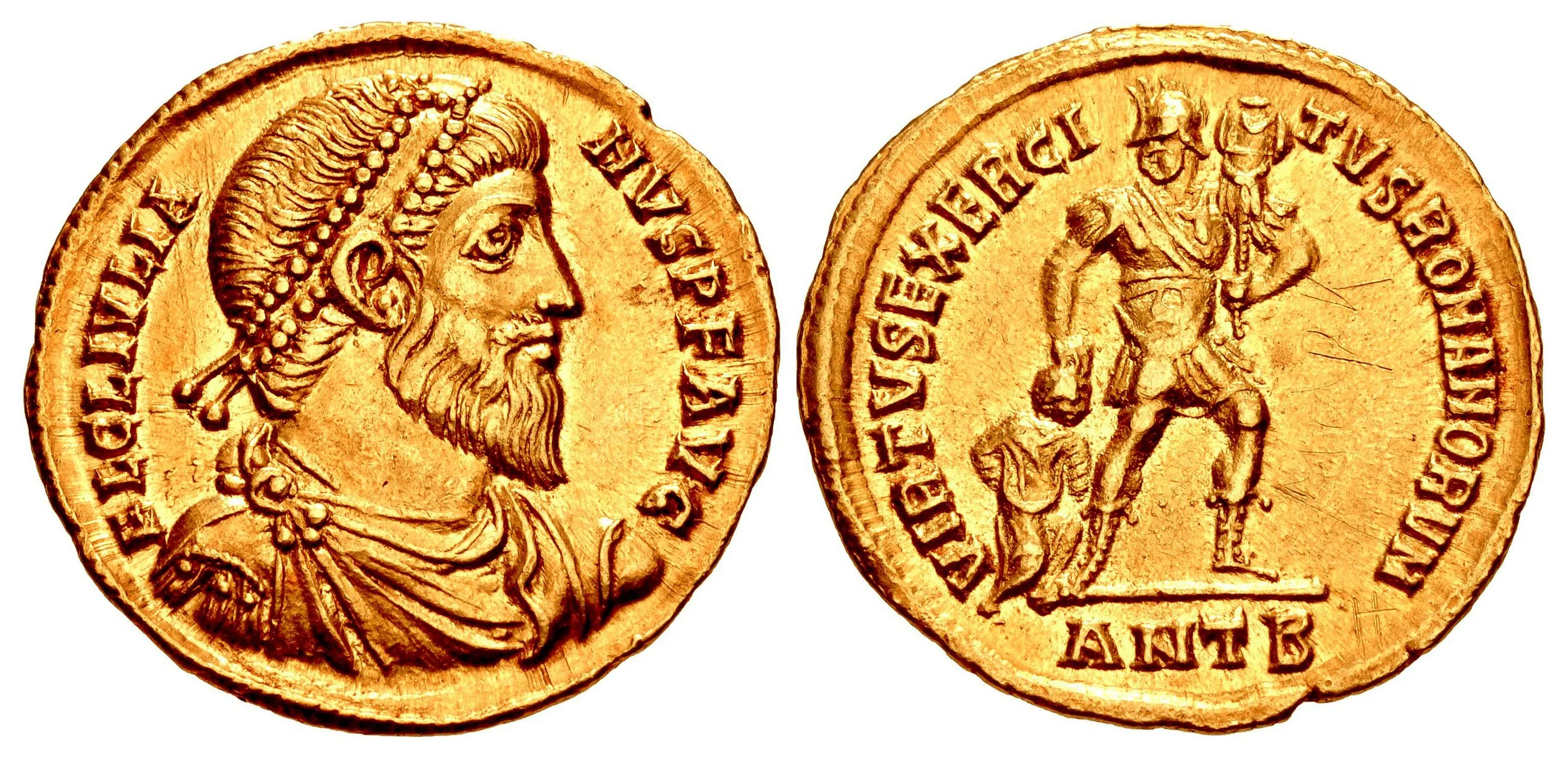 Gold solidus of Emperor Julian the Apostate, struck at Antioch between AD 361 and 363, showing the imperial portrait on the obverse and a Roman soldier with trophy and captive on the reverse.