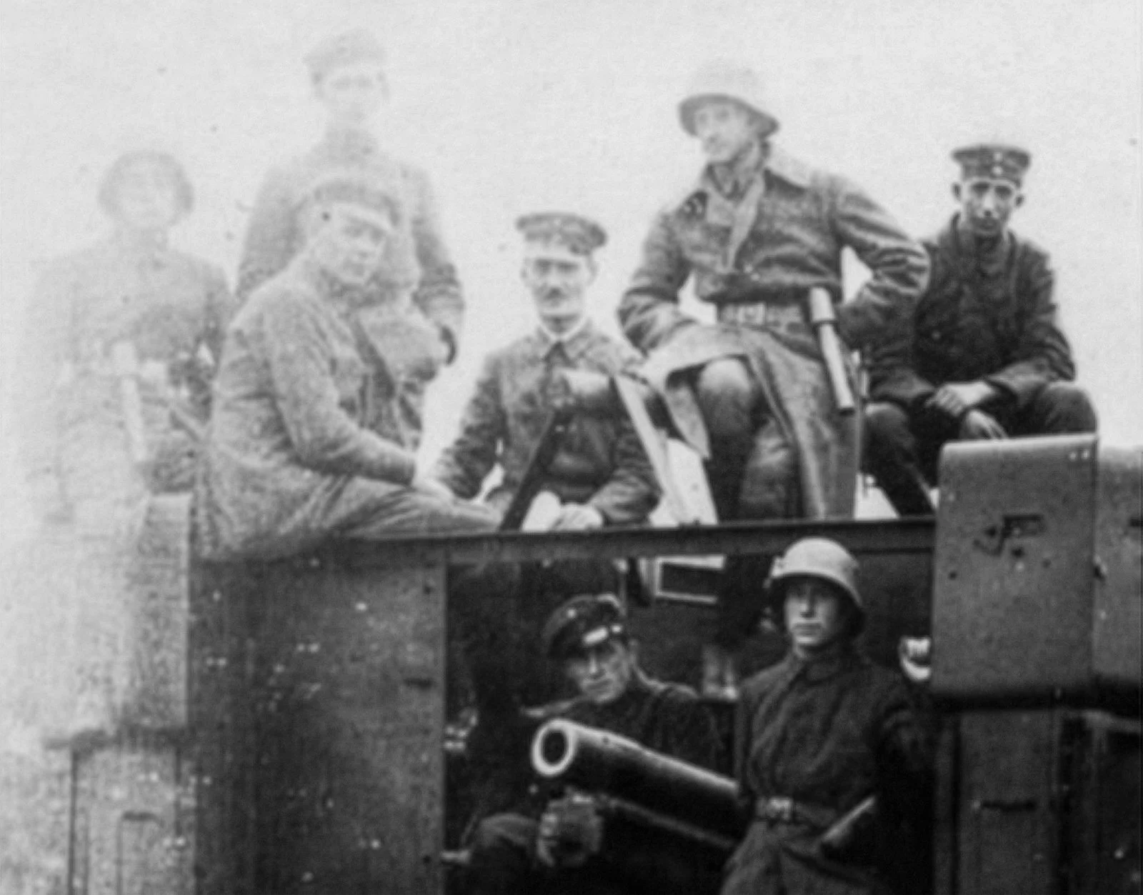 Freikorps paramilitaries on an armoured train in Germany during the early Weimar period, with a central figure resembling Oskar Dirlewanger, though his identity cannot be conclusively confirmed.