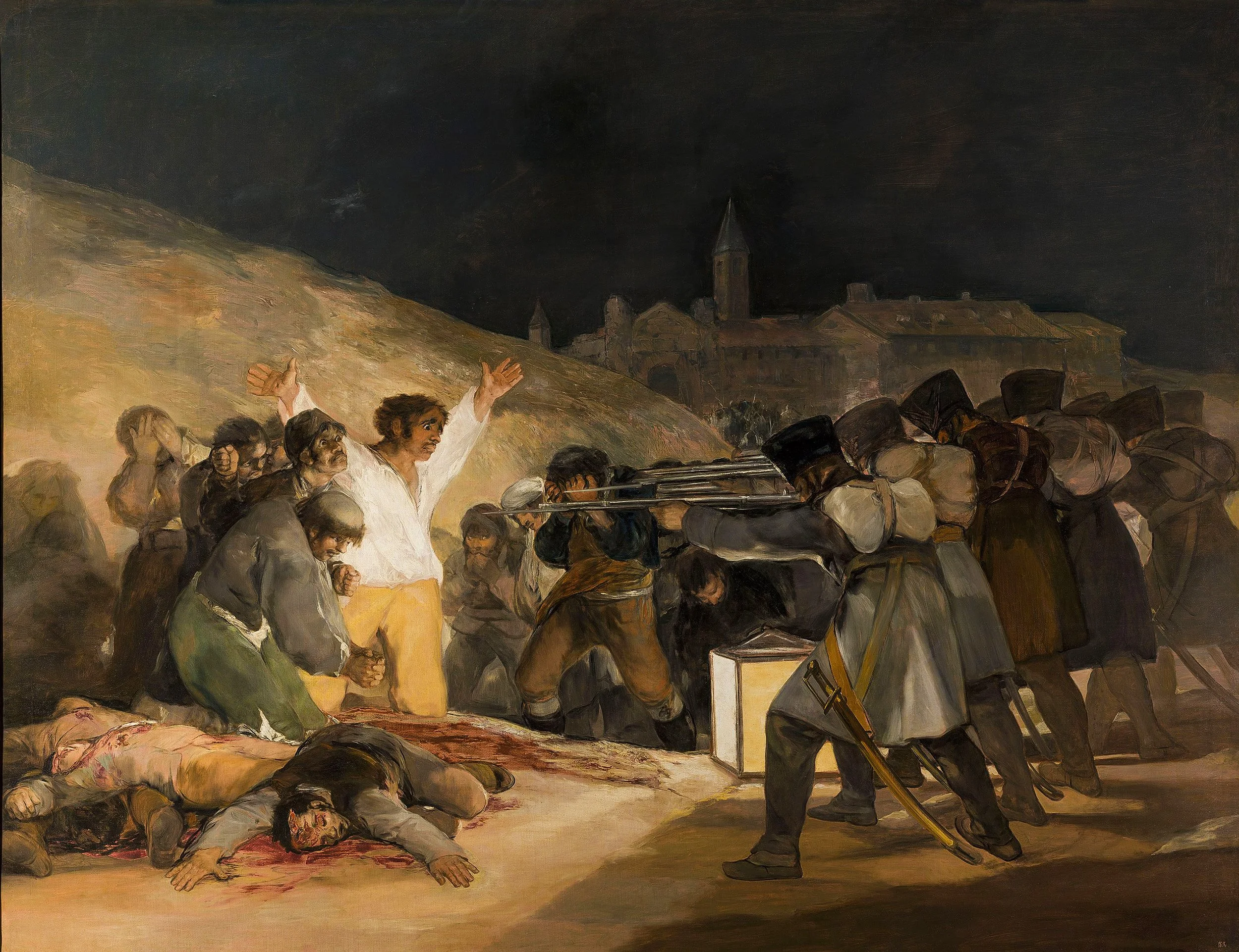Francisco Goya’s The Third of May 1808 showing Spanish civilians executed by French soldiers, with a central figure in a white shirt illuminated by lantern light.