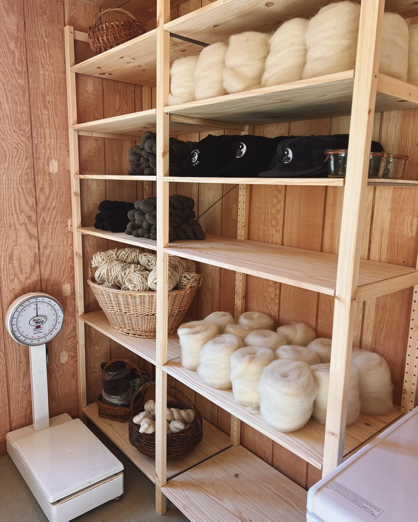 First shelf in the farm store is up. ✨

Yarn and roving are starting to move in, with another big batch returning from the mill soon.

Still to come: sheepskins, lamb cuts, fresh produce, farm blooms, and our pasture-raised eggs 🐓!

Slowly bringing 
