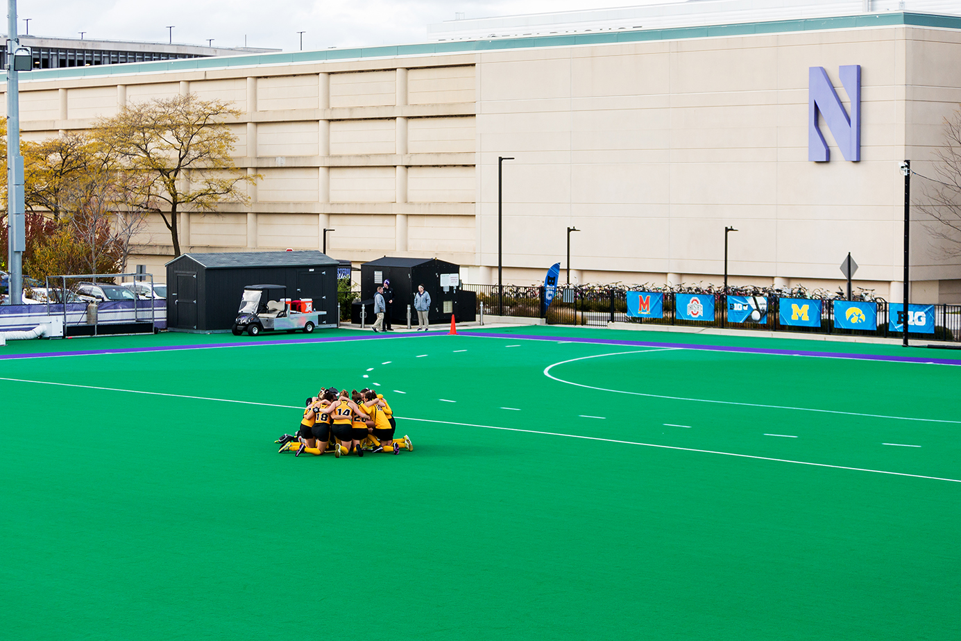  Iowa players huddle up before a penalty corner during the Semifinals in the Big Ten Field Hockey Tournament at Lakeside Field in Evanston, IL on Friday, Nov. 2, 2018. The no. 8 ranked Hawkeyes defeated the no. 7 ranked Wolverines 2-1.  