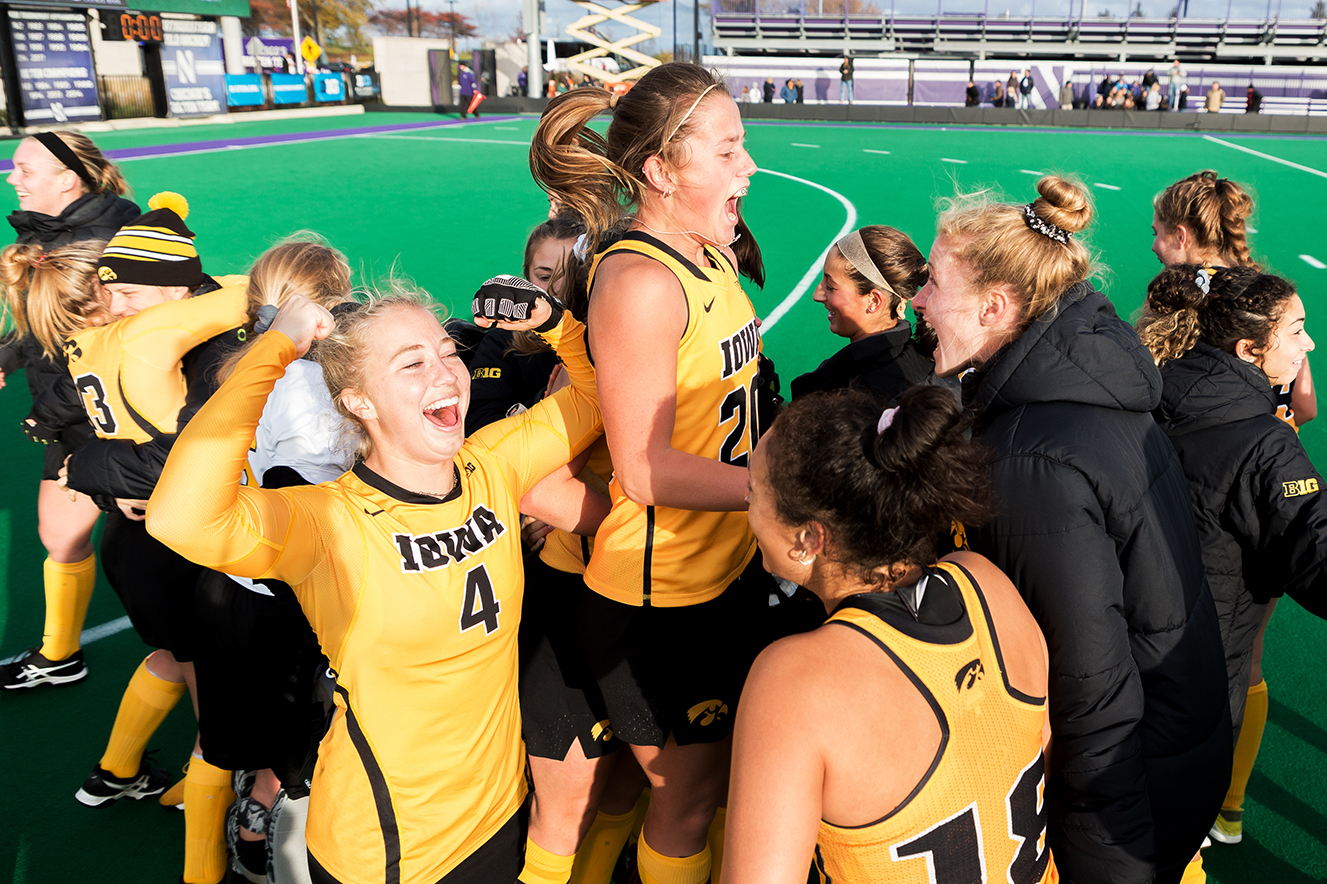  Iowa midfielder Makenna Grewe celebrates with her team after the Semifinals in the Big Ten Field Hockey Tournament at Lakeside Field in Evanston, IL on Friday, Nov. 2, 2018. The no. 8 ranked Hawkeyes defeated the no. 7 ranked Wolverines 2-1.  