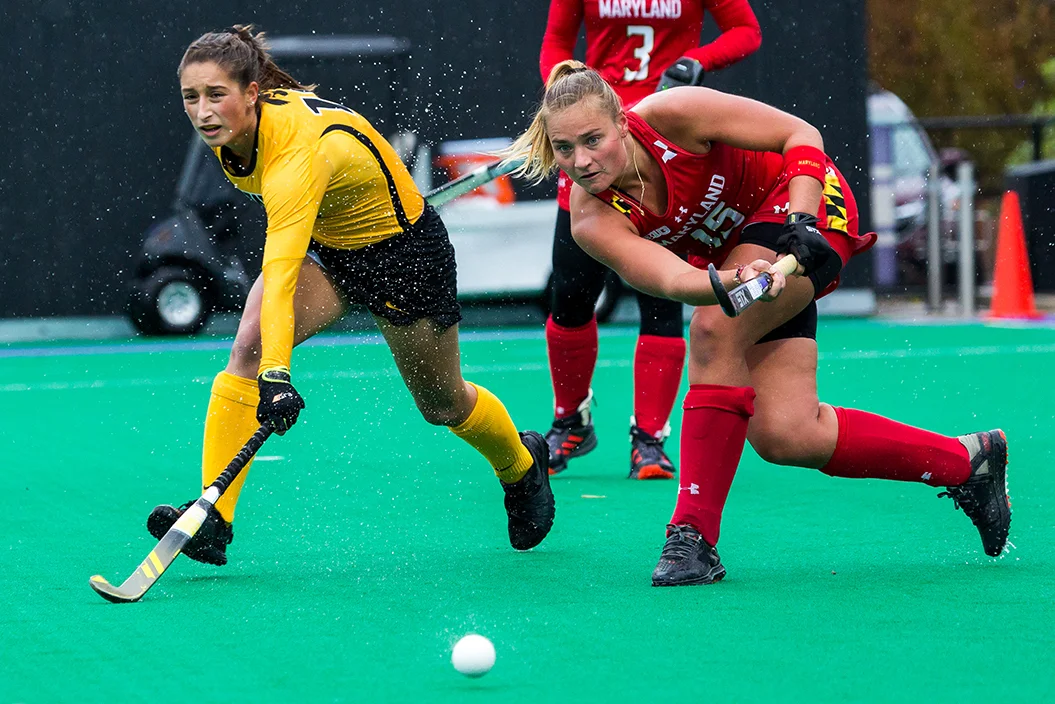 Maryland Defender Bodil Keus passes the ball during the Championship Game in the Big Ten Field Hockey Tournament at Lakeside Field in Evanston, IL on Sunday, Nov. 3, 2018. The no. 2 ranked Terrapins defeated the no. 8 ranked Hawkeyes 2-1.