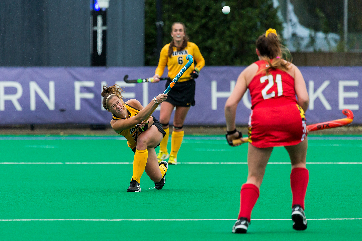  Iowa midfielder Sophie Sunderland lofts the ball during the Championship Game in the Big Ten Field Hockey Tournament at Lakeside Field in Evanston, IL on Sunday, Nov. 3, 2018. The no. 2 ranked Terrapins defeated the no. 8 ranked Hawkeyes 2-1.  
