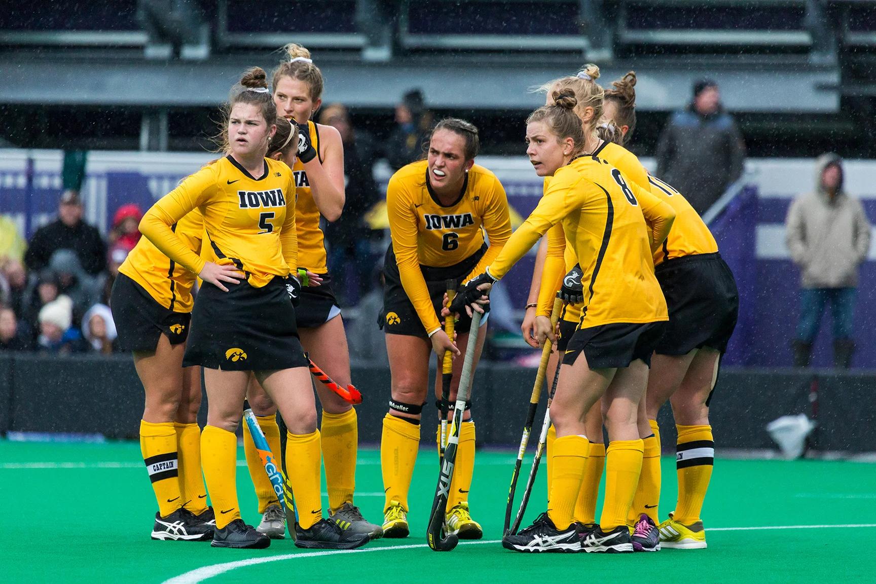 Iowa players look back at their bench during the Championship Game in the Big Ten Field Hockey Tournament at Lakeside Field in Evanston, IL on Sunday, Nov. 3, 2018. The no. 2 ranked Terrapins defeated the no. 8 ranked Hawkeyes 2-1.