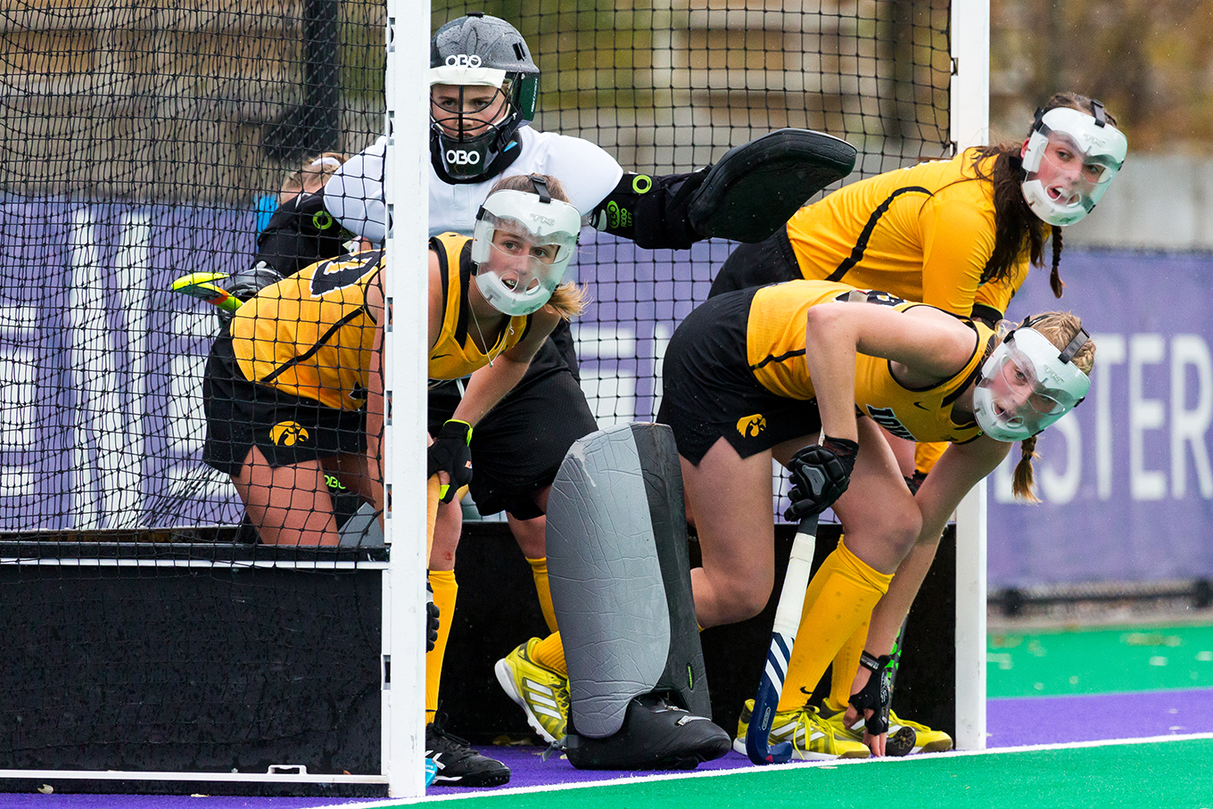  Iowa players stand in the goal to defend a penalty corner during the Championship Game in the Big Ten Field Hockey Tournament at Lakeside Field in Evanston, IL on Sunday, Nov. 3, 2018. The no. 2 ranked Terrapins defeated the no. 8 ranked Hawkeyes 2-