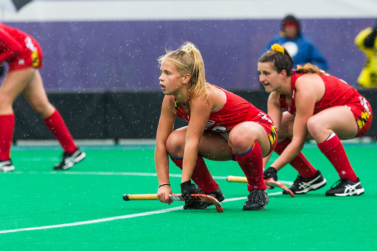  Maryland players wait for the ball to be put into play on a penalty corner during the Championship Game in the Big Ten Field Hockey Tournament at Lakeside Field in Evanston, IL on Sunday, Nov. 3, 2018. The no. 2 ranked Terrapins defeated the no. 8 r