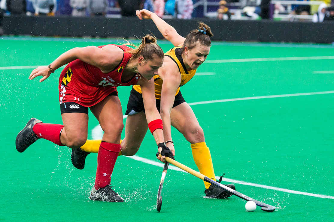 Iowa forward Maddy Murphy fights for the ball during the Championship Game in the Big Ten Field Hockey Tournament at Lakeside Field in Evanston, IL on Sunday, Nov. 3, 2018. The no. 2 ranked Terrapins defeated the no. 8 ranked Hawkeyes 2-1.  