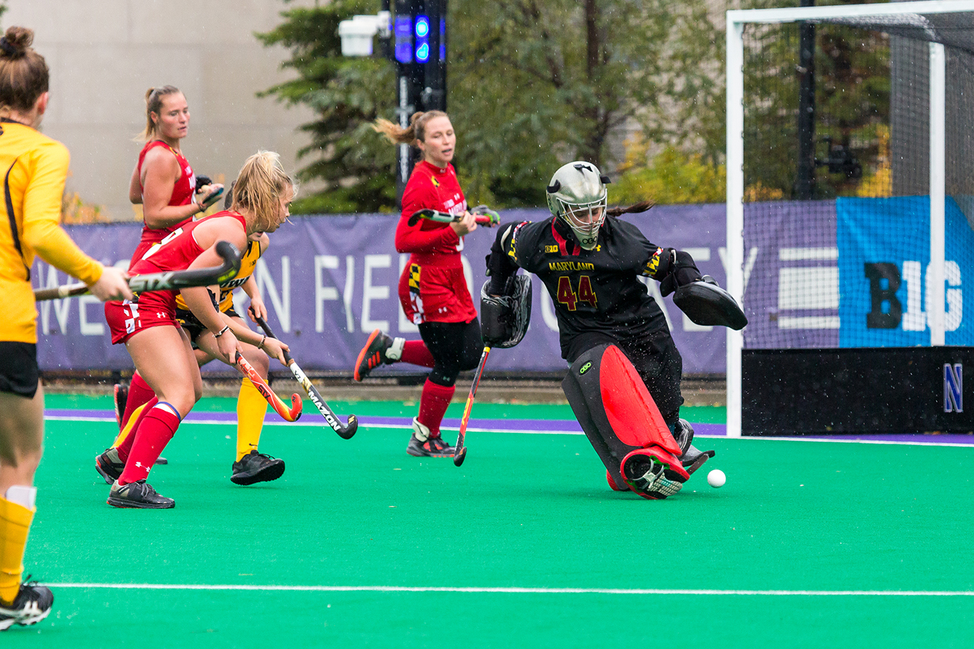  Maryland Goalkeeper Sarah Holliday kick-saves the ball during the Championship Game in the Big Ten Field Hockey Tournament at Lakeside Field in Evanston, IL on Sunday, Nov. 3, 2018. The no. 2 ranked Terrapins defeated the no. 8 ranked Hawkeyes 2-1. 