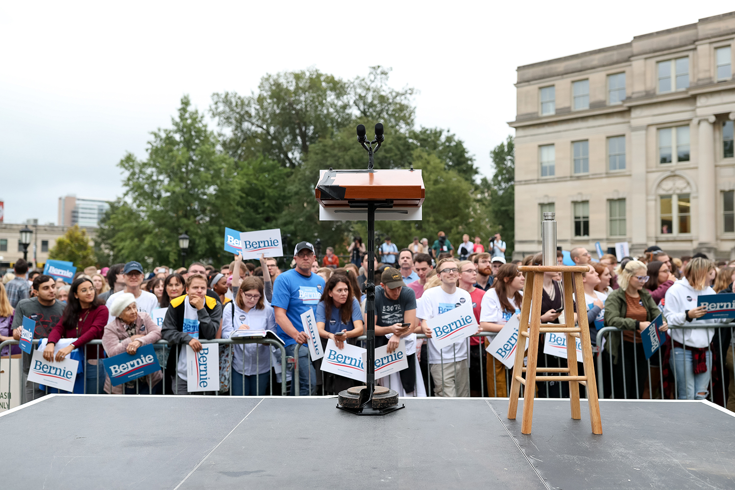  A lectern sits on stage before a campaign rally for Democratic Presidential Candidate Senator Bernie Sanders (I-VT) on the Pentacrest at the University of Iowa in Iowa City on Sunday, Sep. 8, 2019. 