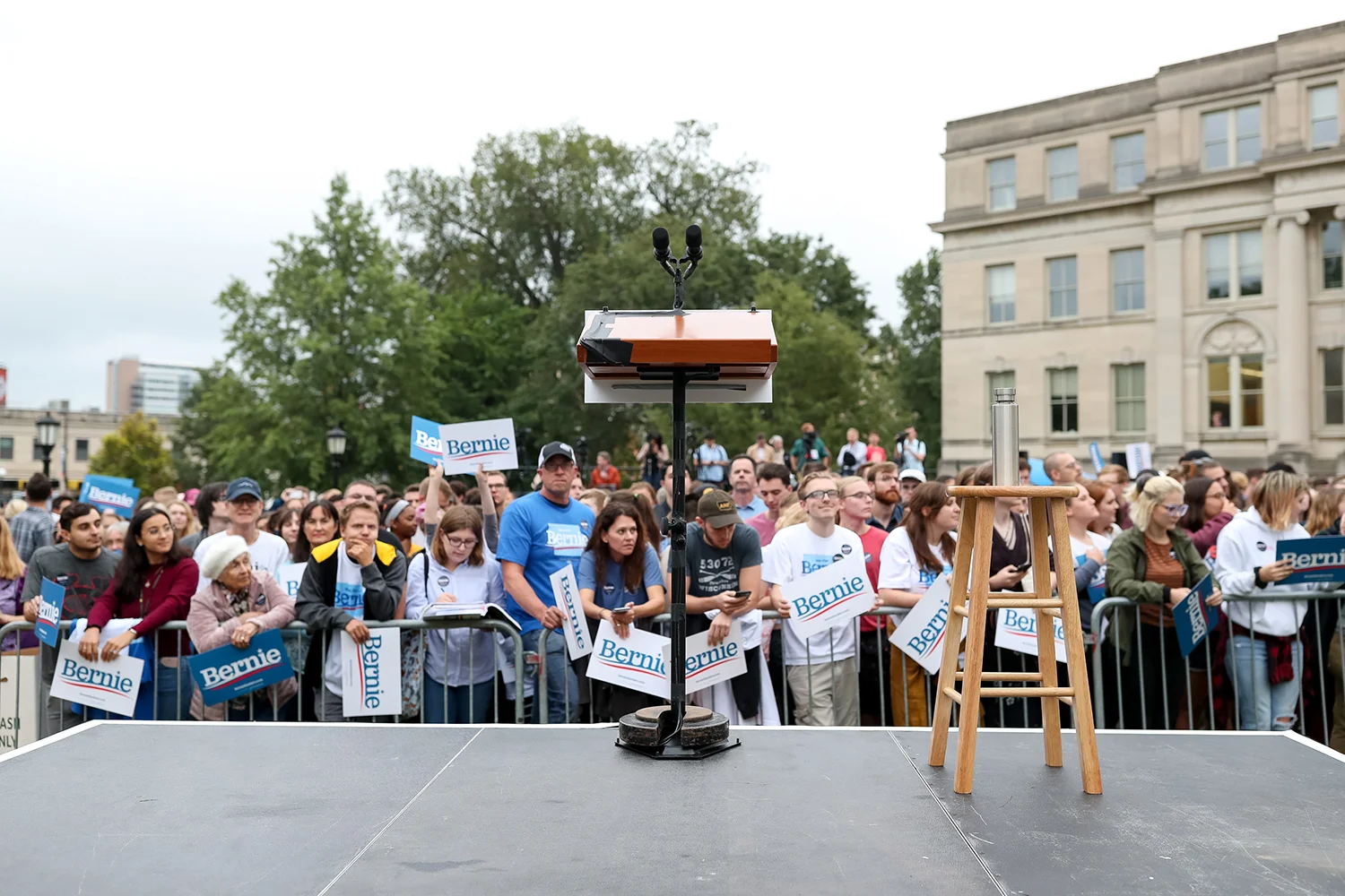 A lectern sits on stage before a campaign rally for Democratic Presidential Candidate Senator Bernie Sanders (I-VT) on the Pentacrest at the University of Iowa in Iowa City on Sunday, Sep. 8, 2019.