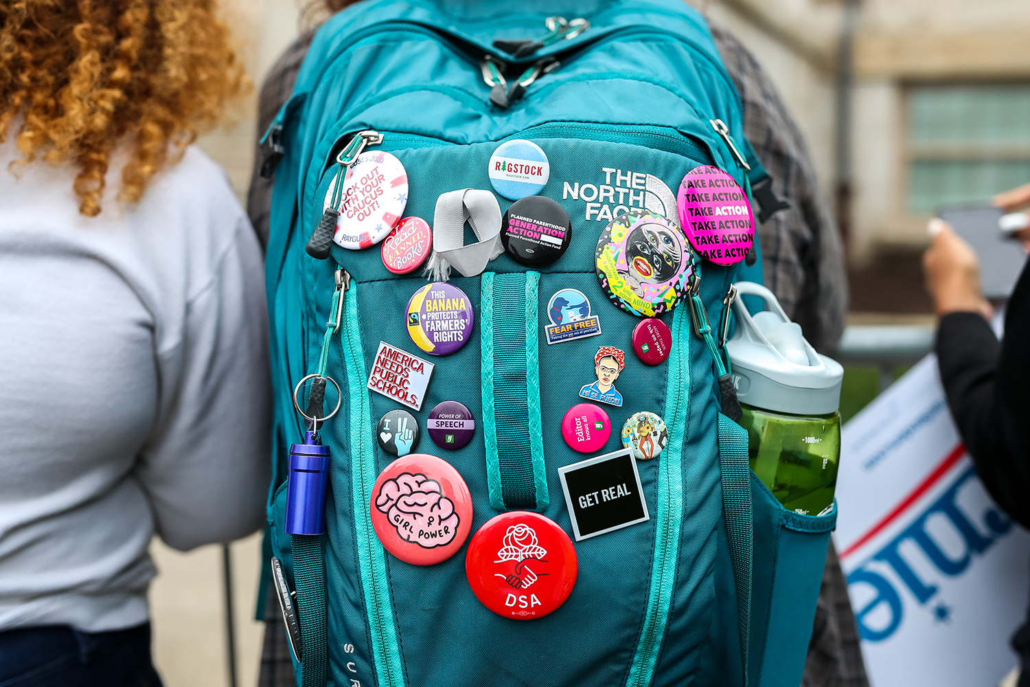  An attendee's backpack during a campaign rally for Democratic Presidential Candidate Senator Bernie Sanders (I-VT) on the Pentacrest at the University of Iowa in Iowa City on Sunday, Sep. 8, 2019.  