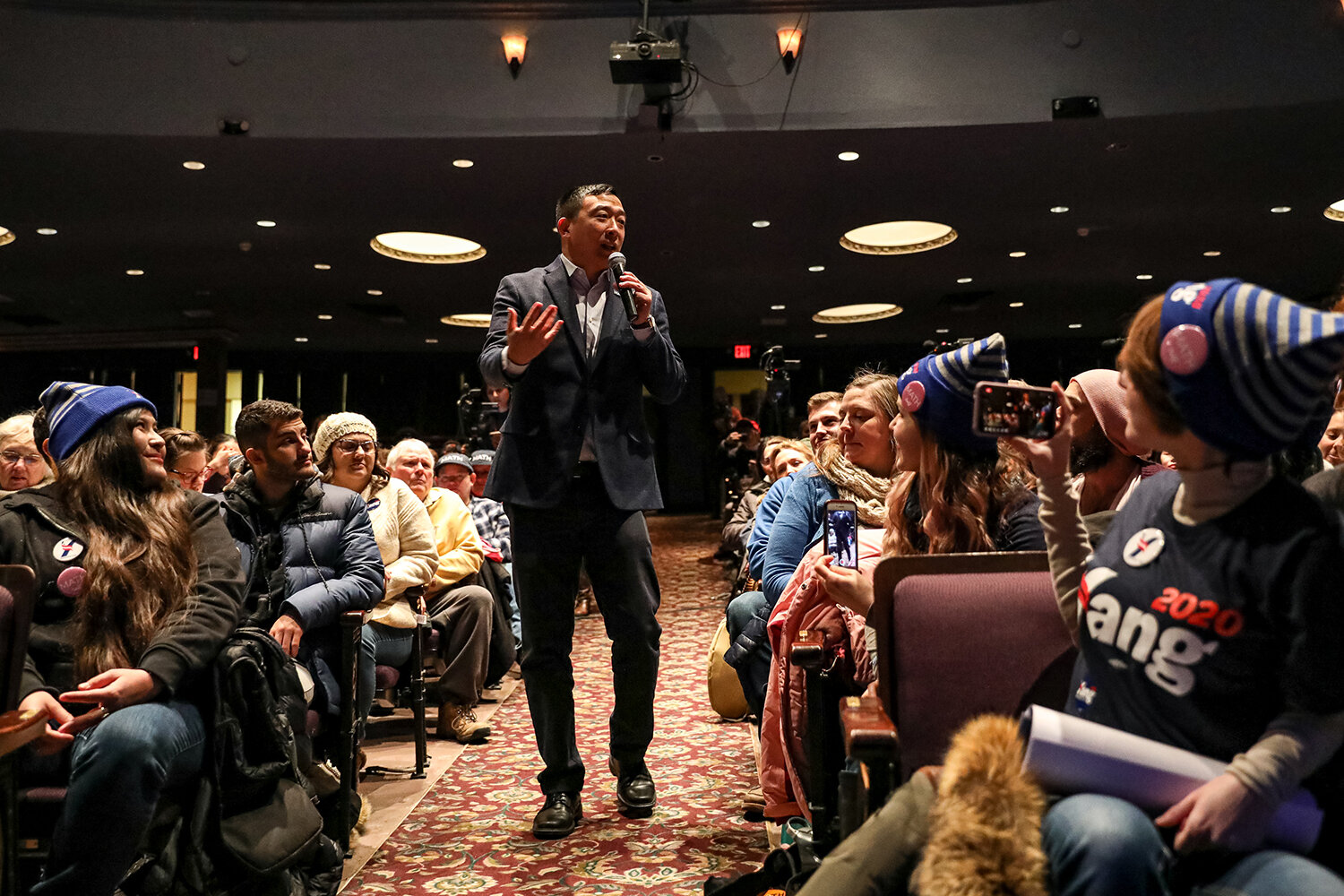  Democratic Presidential Candidate Andrew Yang addresses the crowd during a campaign rally at the Englert Theatre in Iowa City, IA on Saturday, Jan. 18, 2020. 