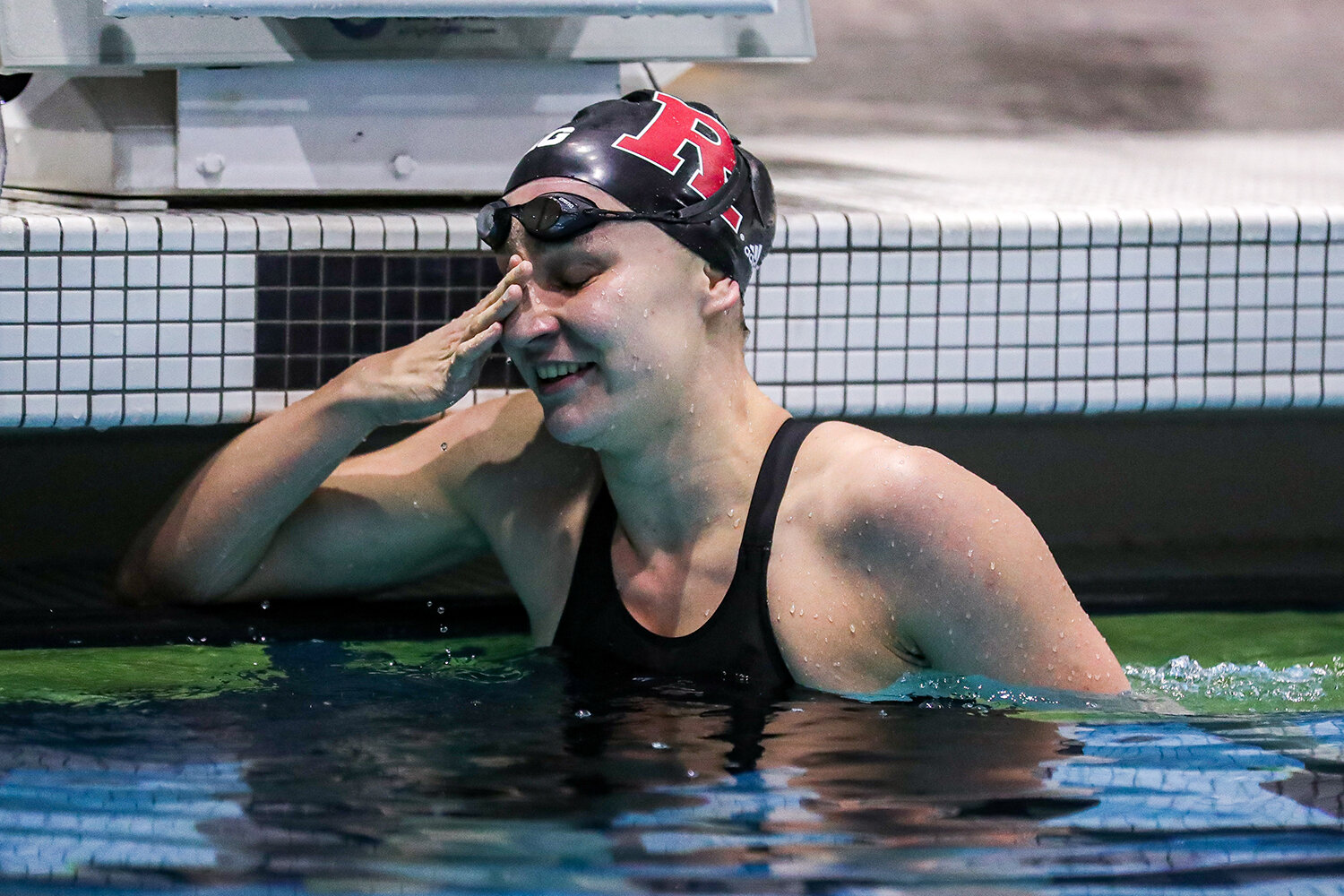  Tereza Grusova reacts after taking second place in the 100 Yard Backstroke during the Big Ten Women’s Swimming and Diving Championships at the Campus Welfare and Recreation Center in Iowa City, IA on Friday, Feb. 21, 2020.  