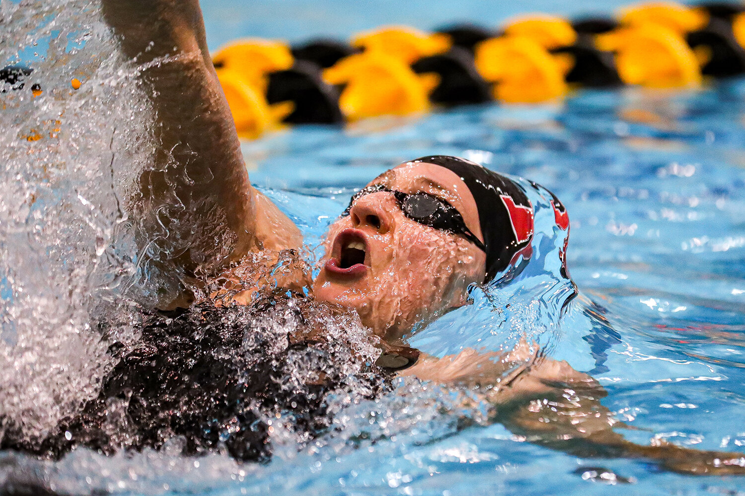  Tereza Grusova swims in the final heat of the 100 Yard Backstroke during the Big Ten Women’s Swimming and Diving Championships at the Campus Welfare and Recreation Center in Iowa City, IA on Friday, Feb. 21, 2020.  