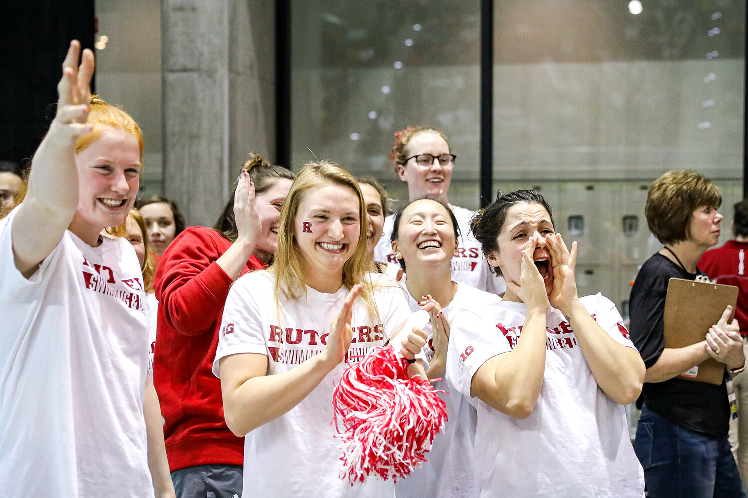  The Rutgers swim team cheers for Tereza Grusova after she took second place in the 100 Yard Backstroke during the Big Ten Women’s Swimming and Diving Championships at the Campus Welfare and Recreation Center in Iowa City, IA on Friday, Feb. 21, 2020