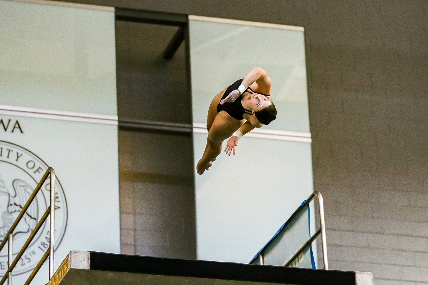  Marina Wilkins dives in the Platform Diving Preliminaries during the Big Ten Women’s Swimming and Diving Championships at the Campus Welfare and Recreation Center in Iowa City, IA on Saturday, Feb. 22, 2020.  