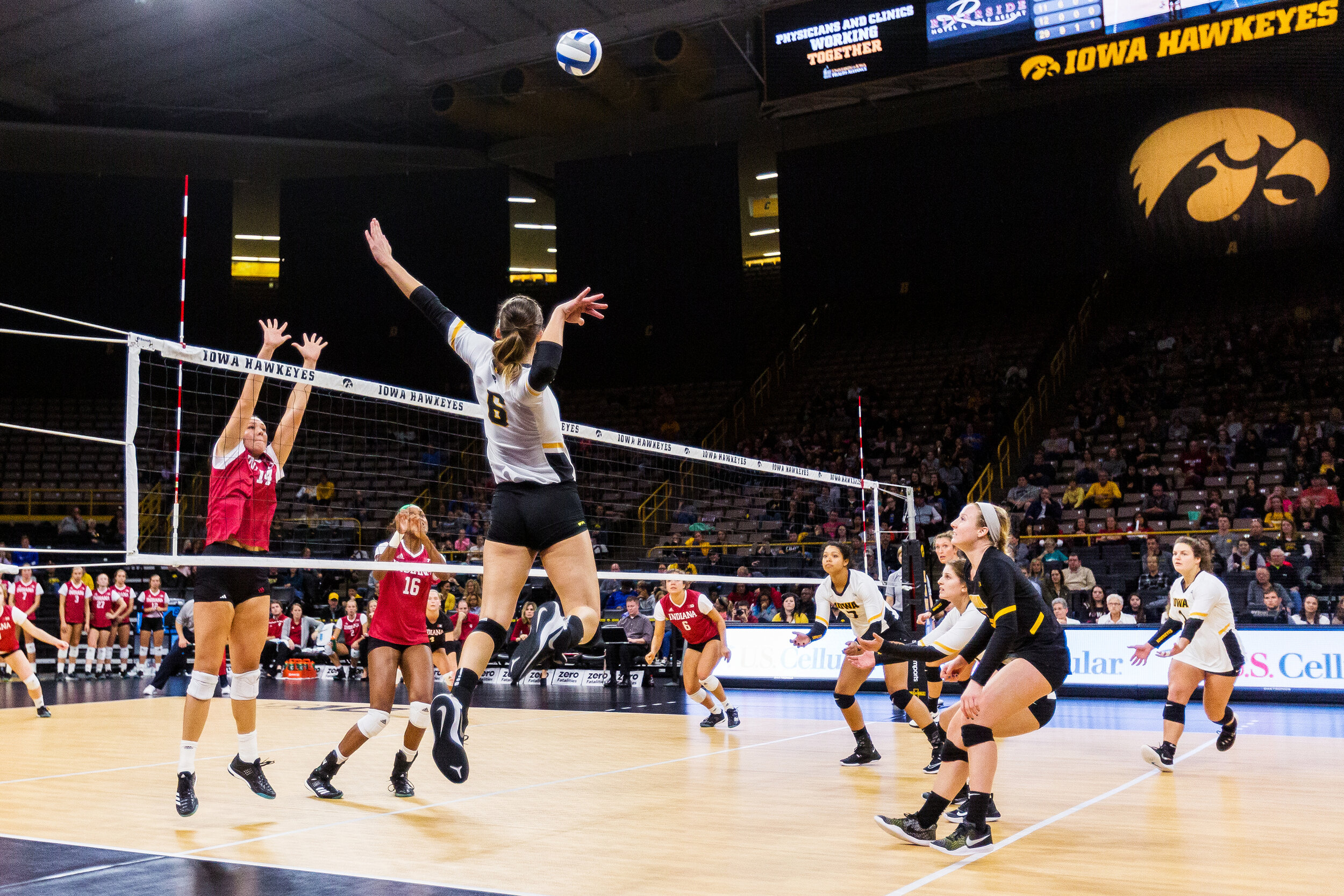  Iowa’s Kasey Reuter winds up to hit the ball during a volleyball match against Indiana University on Friday, Nov. 3, 2017. The Hawkeyes defeated the Hoosiers 3-0.  