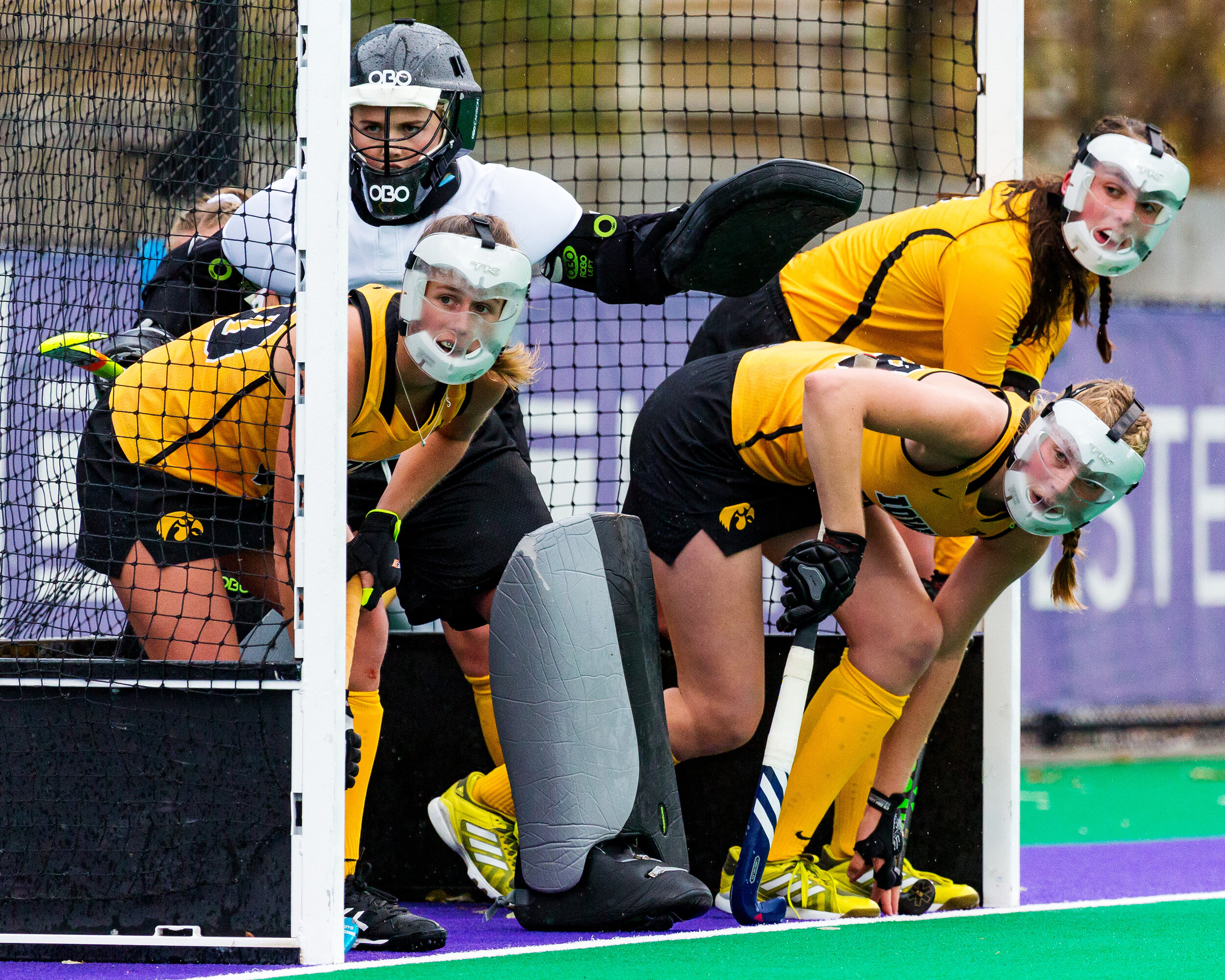  Iowa players stand in the goal to defend a penalty corner during the Championship Game in the Big Ten Field Hockey Tournament at Lakeside Field in Evanston, IL on Sunday, Nov. 3, 2018. The no. 2 ranked Terrapins defeated the no. 8 ranked Hawkeyes 2-